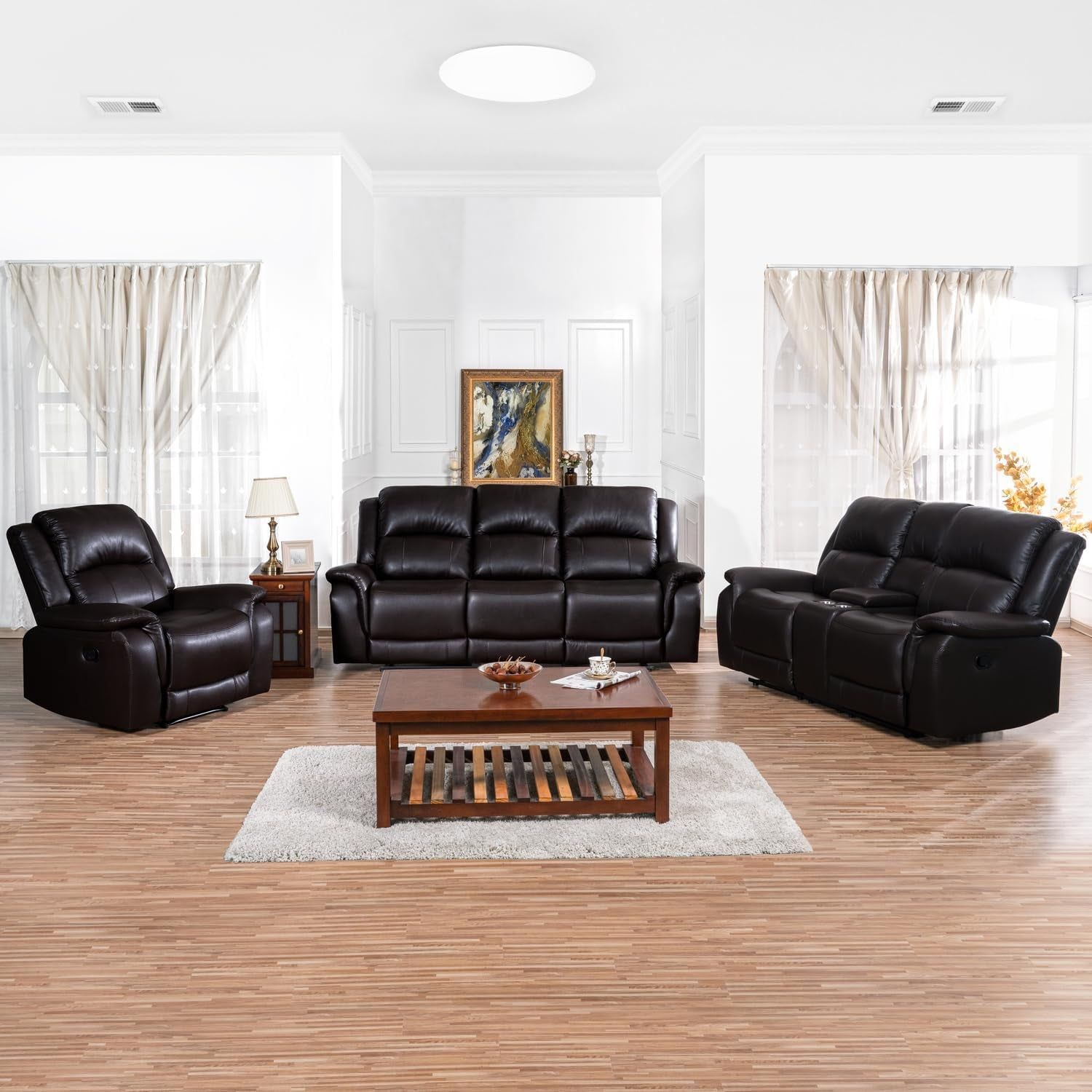 Katie Leather Recliner Sofa Set, Manual Recliner Sofa Couch - Living Room Furniture Set, Leather Reclining Sofa Recliner Couch for Office Home, Living Room Sofa Recliners, Air Leather, Espresso