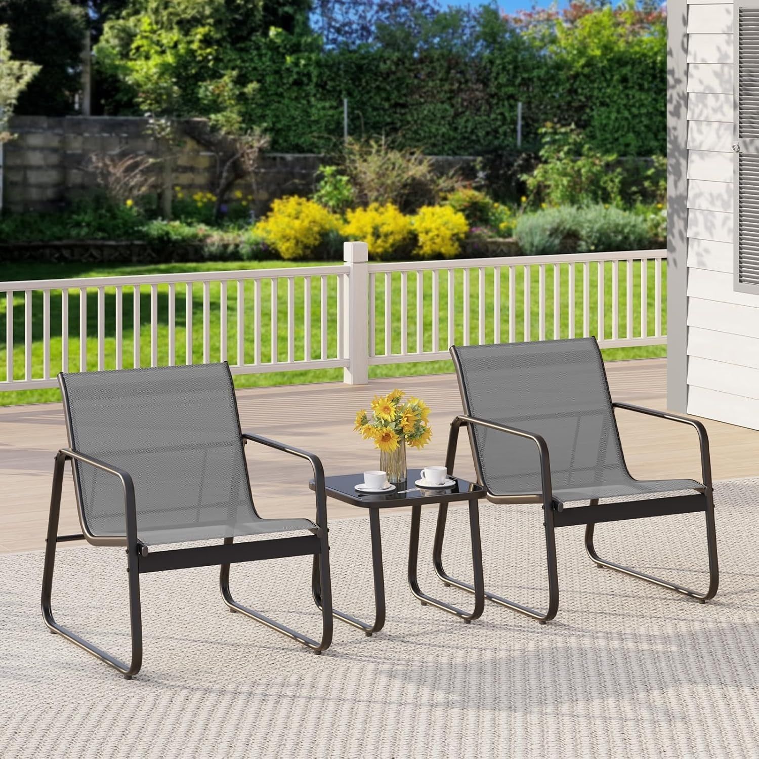 Patio Chairs Set of 2, 3 Piece Patio Furniture Set, Bistro Sets,With Textilene Fabric, Metal Frame Coffee Table, Outdoor Chairs Set, for Balcony, Backyard,Lawn, Garden, Poolside, Grey