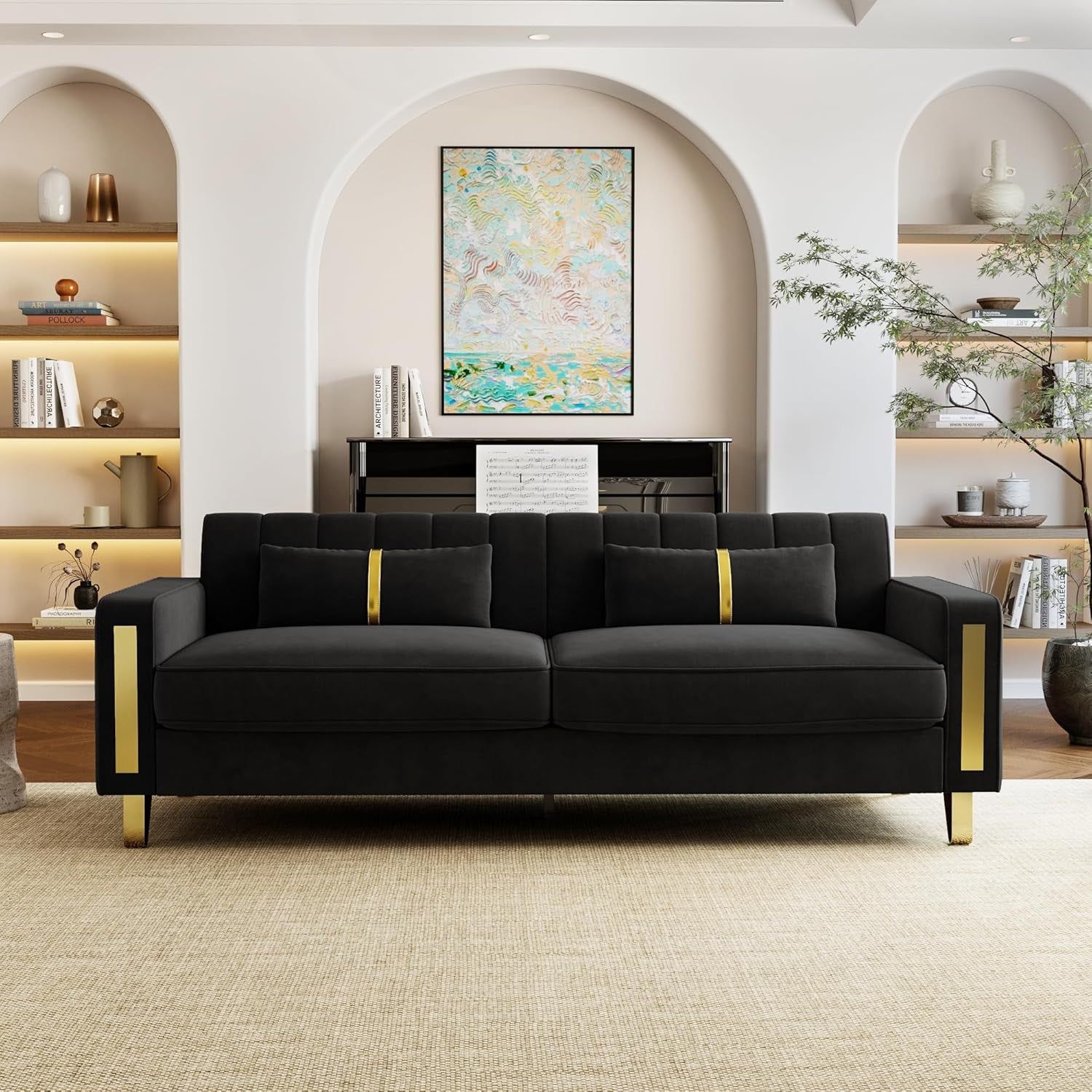 Loveseat Couch for Living Room, 86&quot; Black Velvet Sofa Couch with 2 Pillows &amp; Gold Metal Legs, Modern Upholstered Sofa Love Seat Sectional Couches for Apartment Home Office