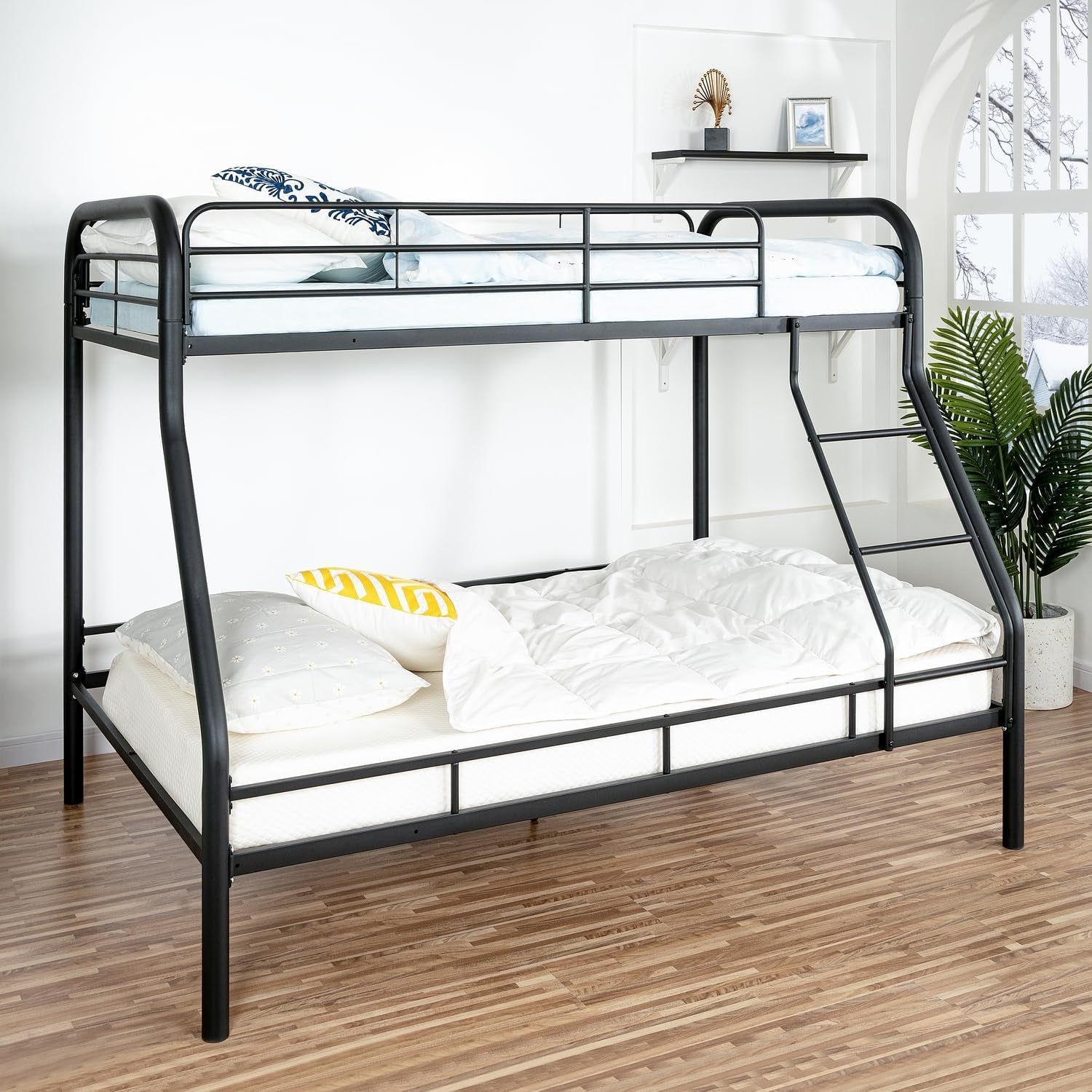 Hollywood Bunk Beds Twin over Full Size, Heavy Duty Metal Bunk Bed with Safety Guardrails, Angled Ladder, Underbed Storage, 800Lbs Capacity - for Kids and Teens, Twin over Full Bunk Bed, Black