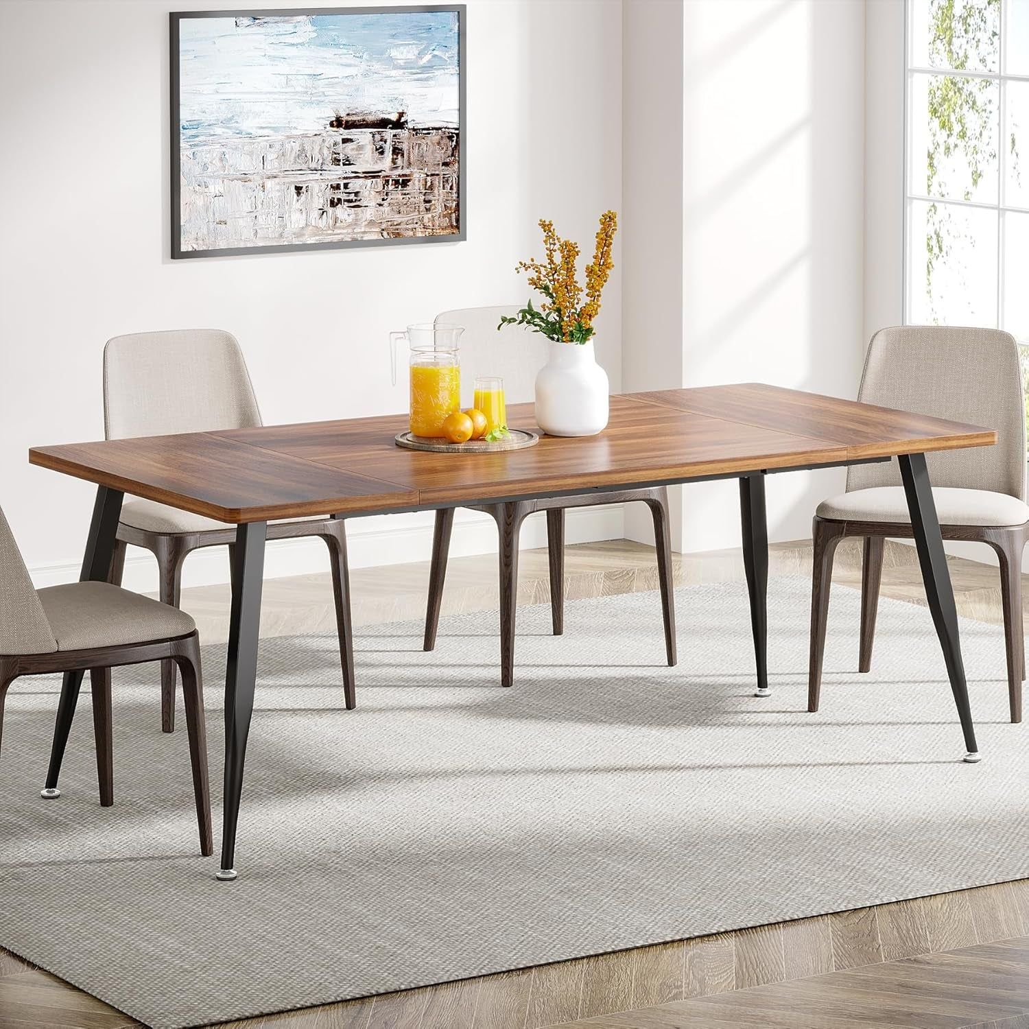 70.9 Inch Large Dining Table for 6 to 8, Industrial Kitchen Table Furniture with Metal Legs, Modern Faux Wood Rectangular Dinner Table for Dining Room, Rustic Brown/Black