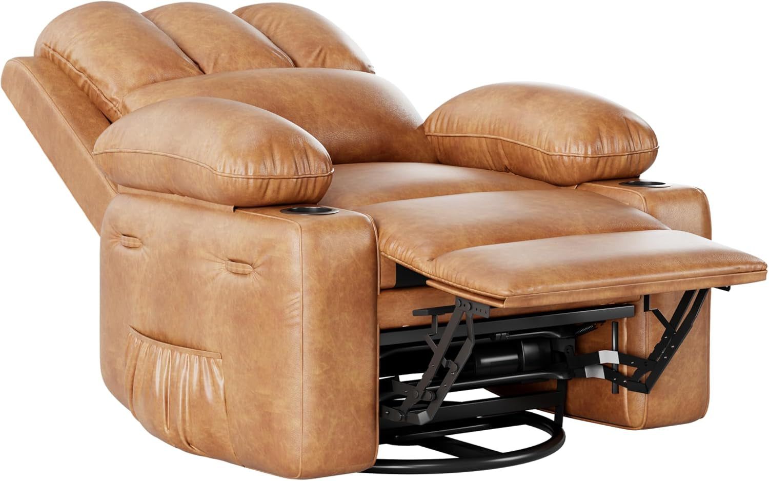 Leather Recliner Chair, Manual Recliner W/Comfortable Arms and Cup Holders for Living Room CF8011 - Cognac, Medium