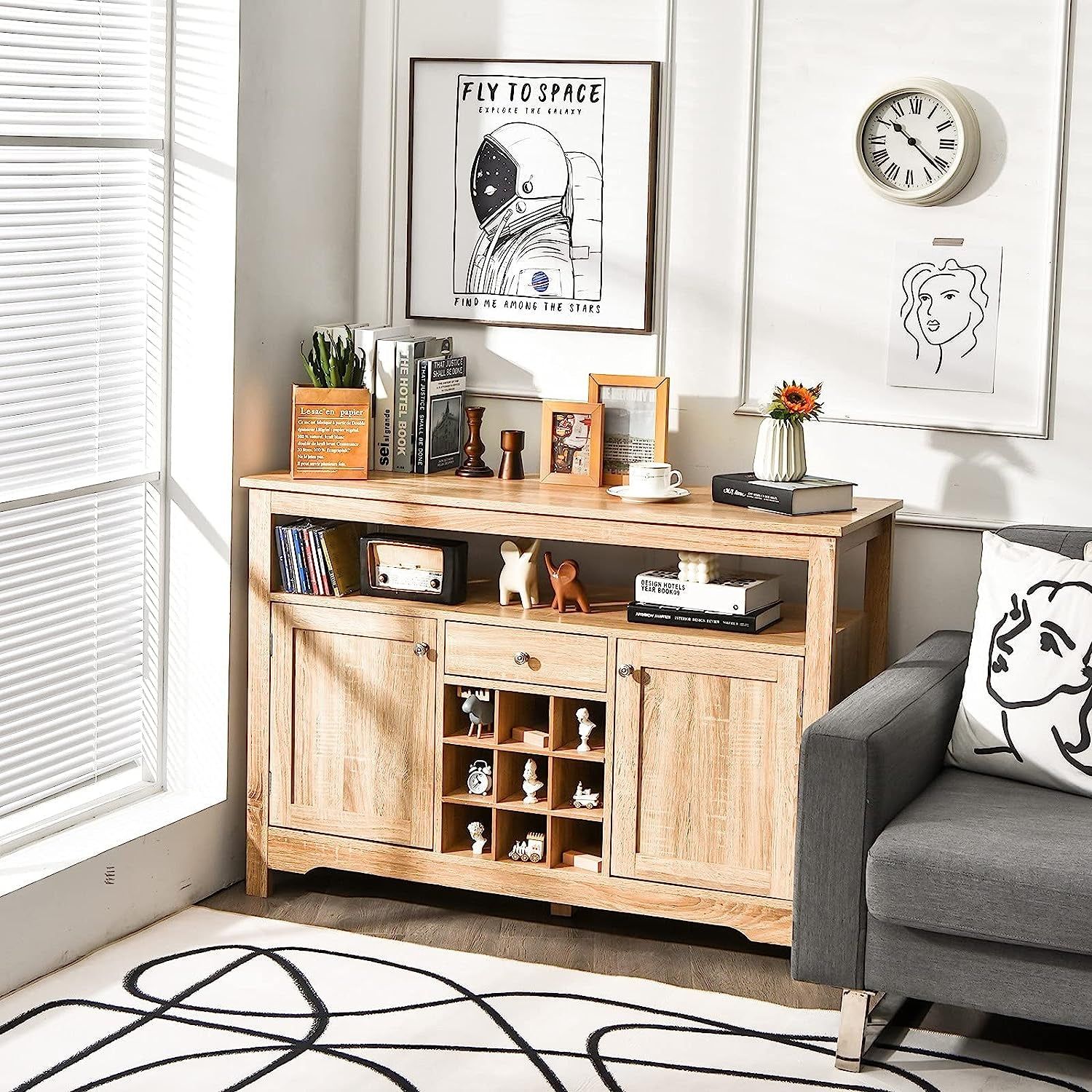 Natural Wood Dining Table Buffet Server Sideboard with Wine Storage
