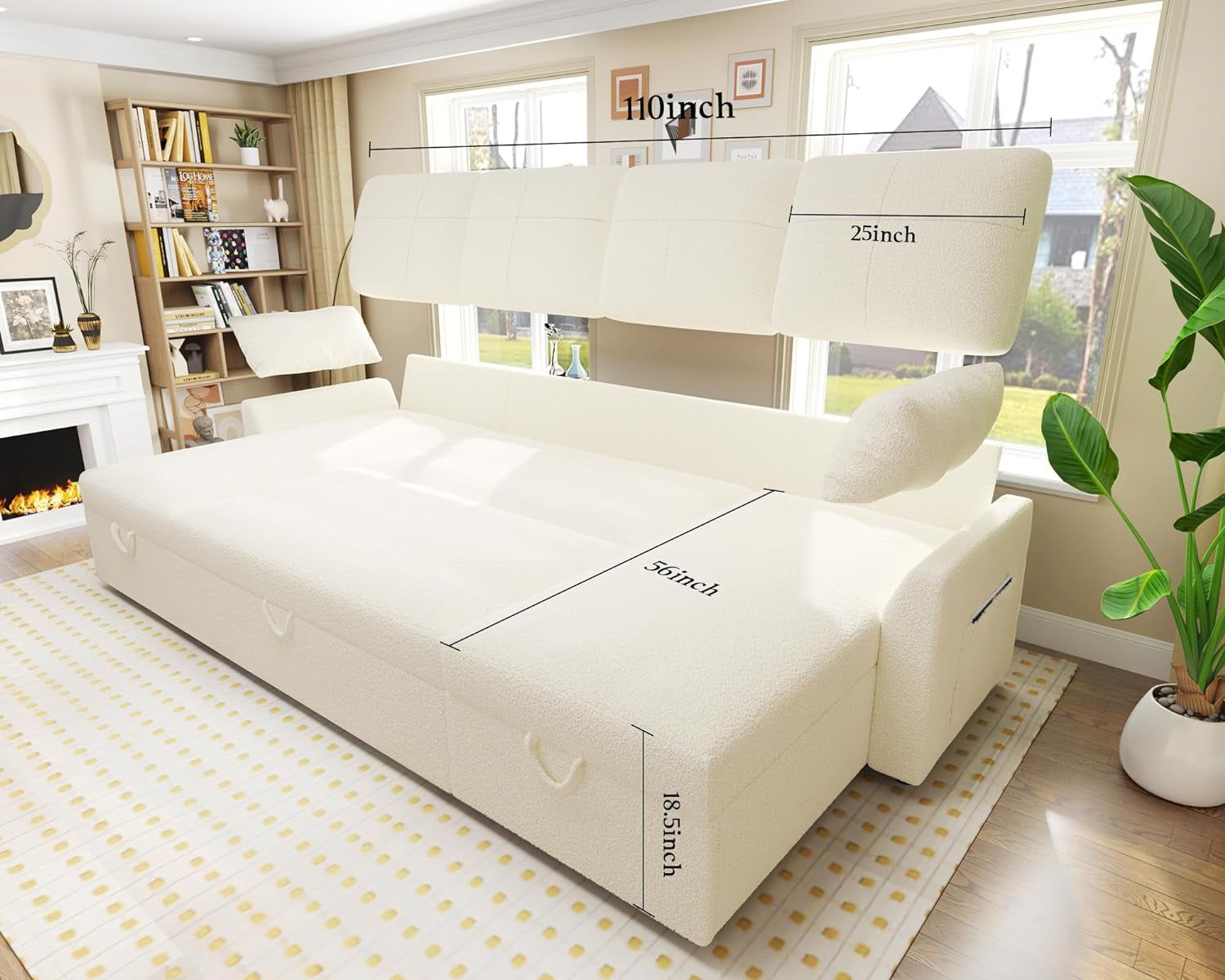 White Sectional Sofa Bed Oversized, 110&quot;, Storage