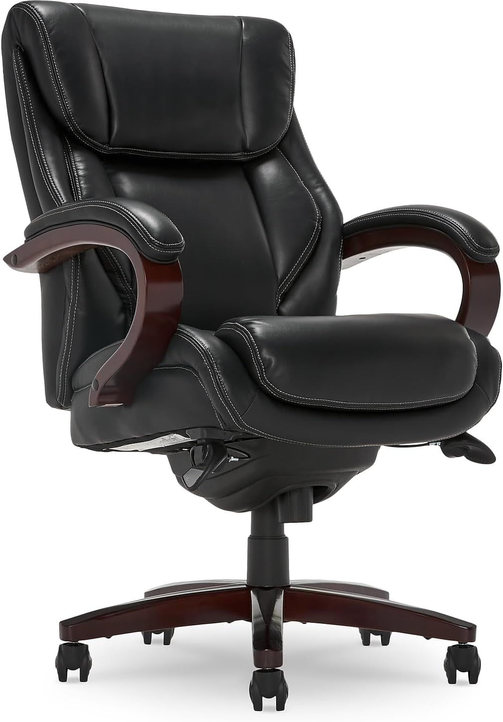 Bellamy Executive Office Chair with Memory Foam Cushions, Solid Wood Arms and Base, Waterfall Seat Edge, Bonded Leather, Black