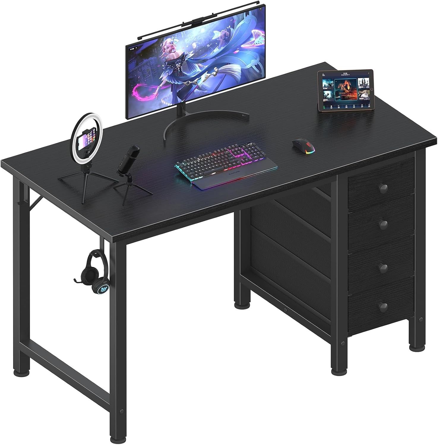 Small Gaming Desk with 4 Fabric Drawers, 40 Inch Kids Girls Teen Cute Study Desk for Bedroom, Work Computer Writing Table Desks for Small Space Home Office, Black