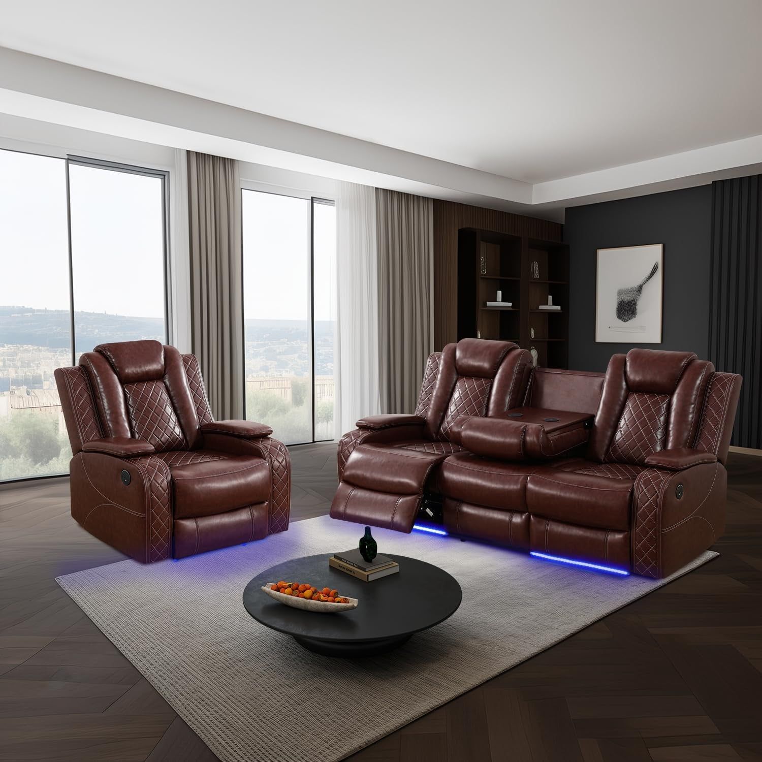 Power Brown Leather Reclining Sofa Set with LED Light for Living Room Set，Theater Seat Recliner Chair and 3 Seats Double Recliner Sofa with Drop-Down Table/Read Light/Wireless Charge/Usb Port