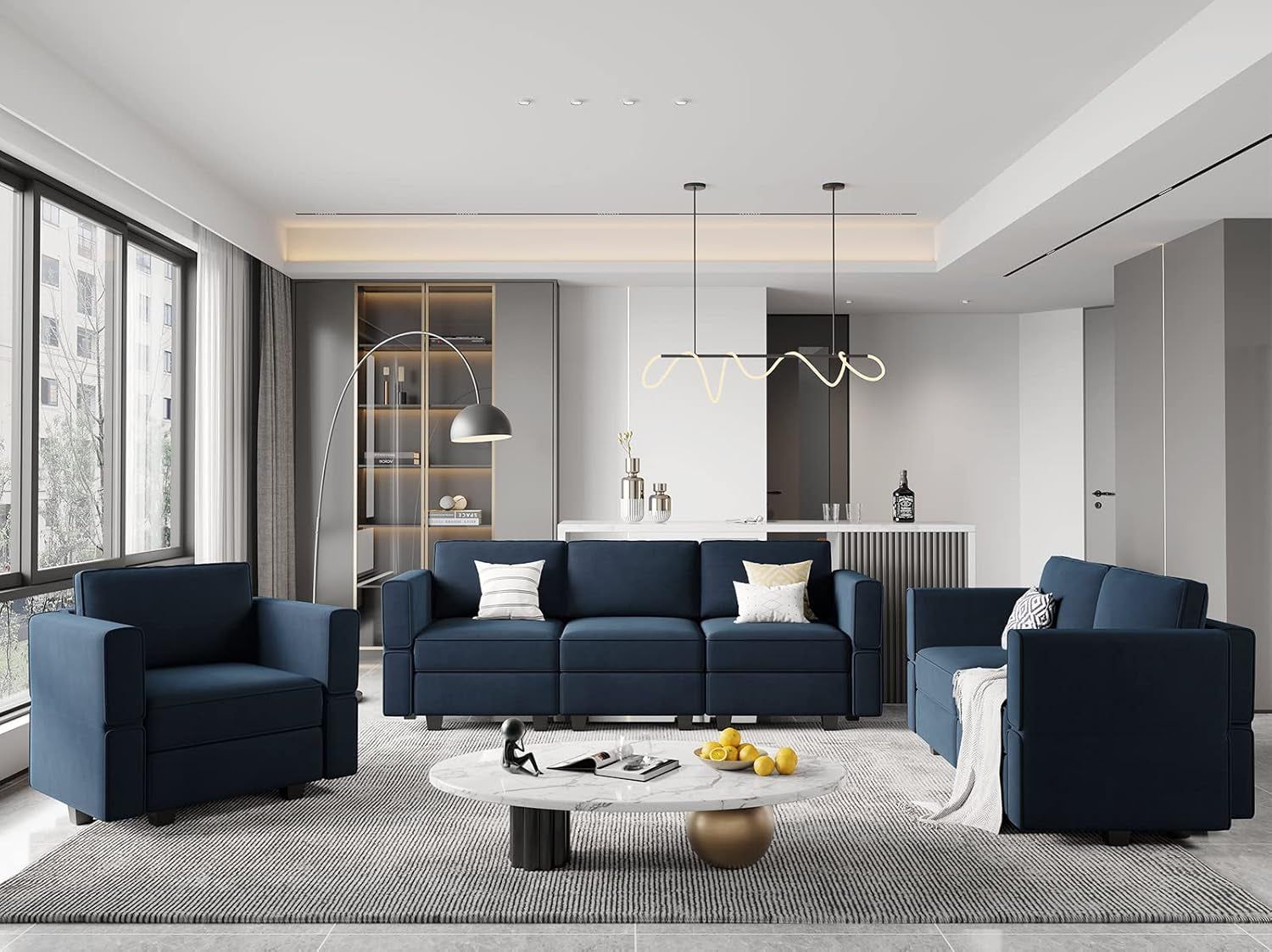Modular Velvet Living Room Sofa Set 3 Seat Sofa Loveseat and Chair Set with Storage Seats Modular Living Room Furniture Set Blue