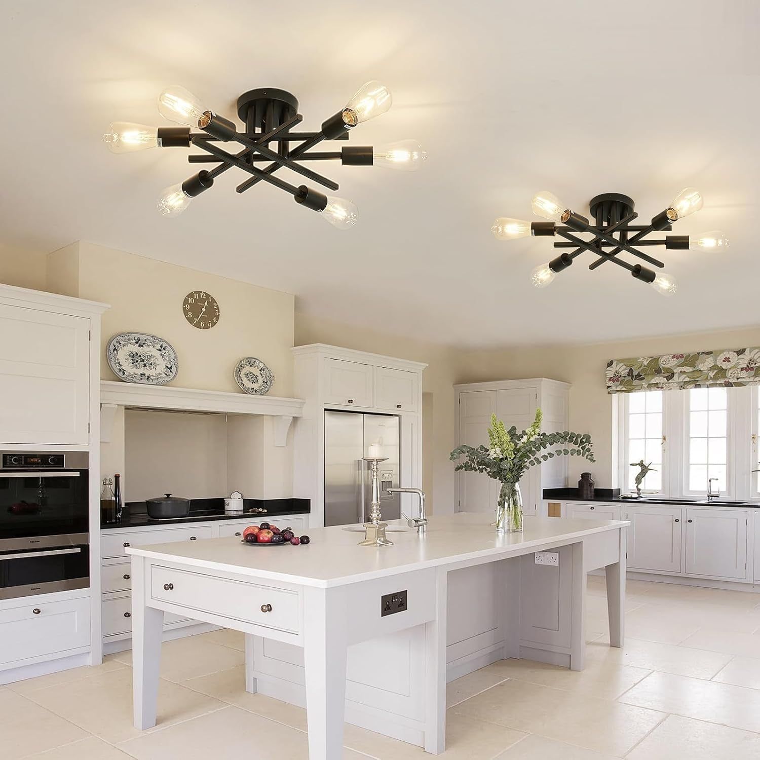 6-Lights Semi Flush Mount Ceiling Light Fixture 2-Pack Black Vintage Matte Sputnik Chandelier Ceiling Lamp for Farmhouse Dining Room Living Room Bedroom Kitchen Entryway