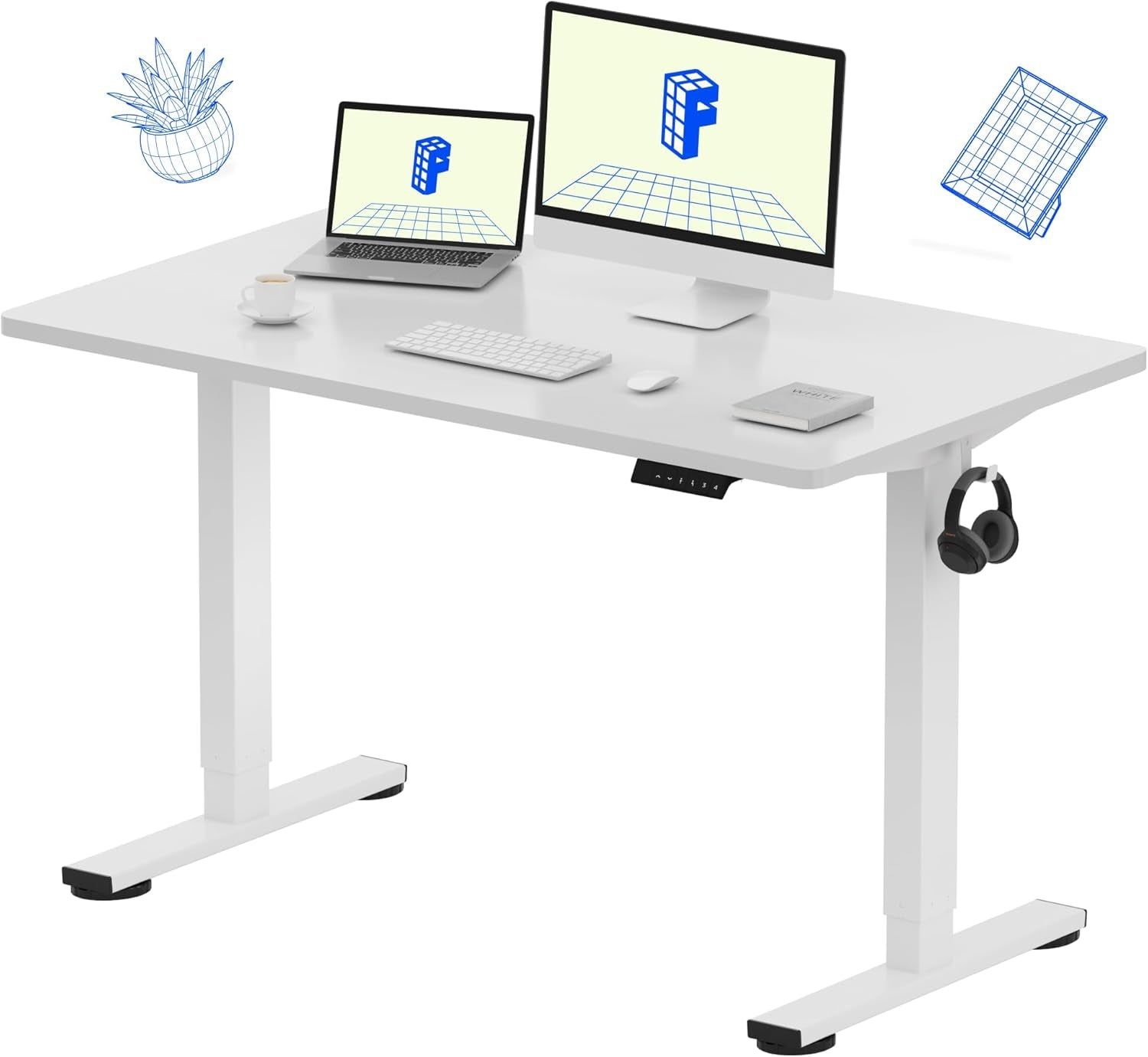 EN1 One-Piece Standing Desk, 48 X 24 Inches Solid Desktop Height Adjustable Desk, Electric Sit Stand up Desk Home Office Desks (White Frame + White Desktop)