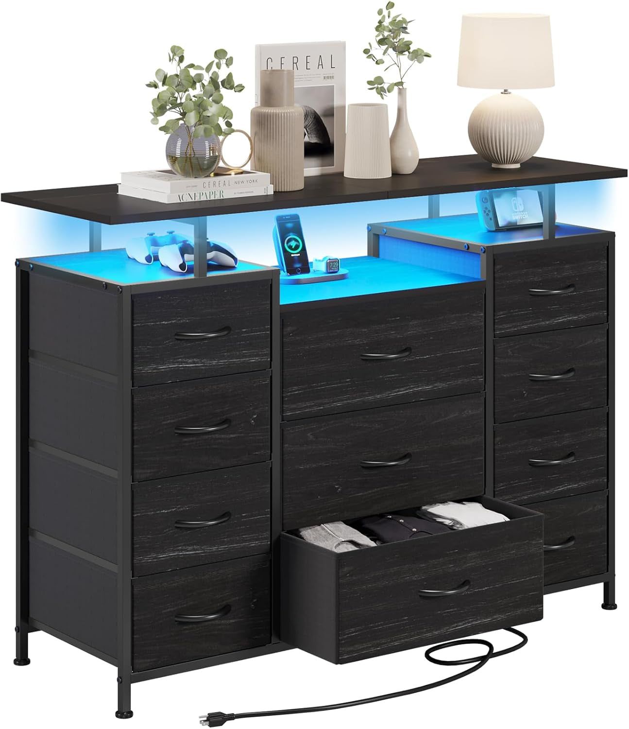 11 Drawers Dresser with Fabric Drawers,Charging Station, LED Lights and Shelves for Bedroom, Living Room, Hallway, Nursery Storage Organization (Black Wood Veins)