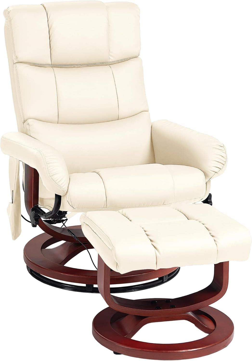 Massage Recliner Chair with Ottoman, Swivel Recliner and Footrest, Faux Leather Reclining Chair with Remote Control and Side Pocket, Cream White