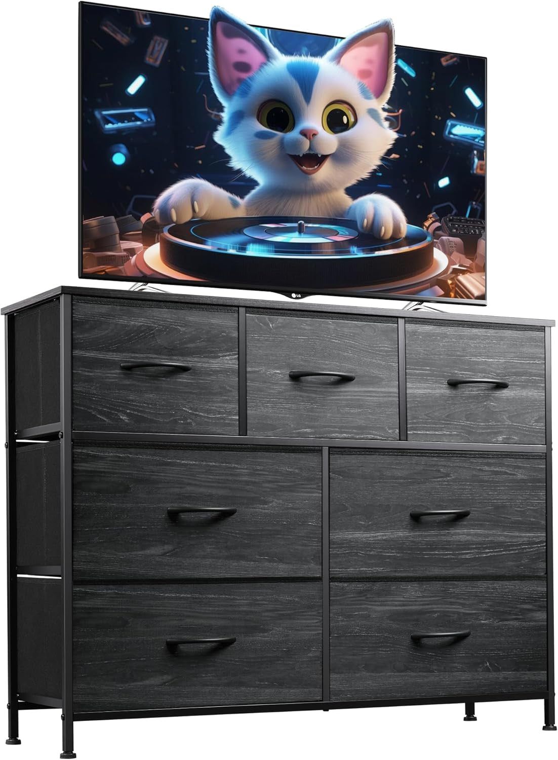 Dresser TV Stand, Entertainment Center with Fabric Drawers, Media Console Table with Metal Frame and Wood Top for TV up to 45 Inch, Chest of Drawers for Bedroom, Charcoal Black Wood Grain Print