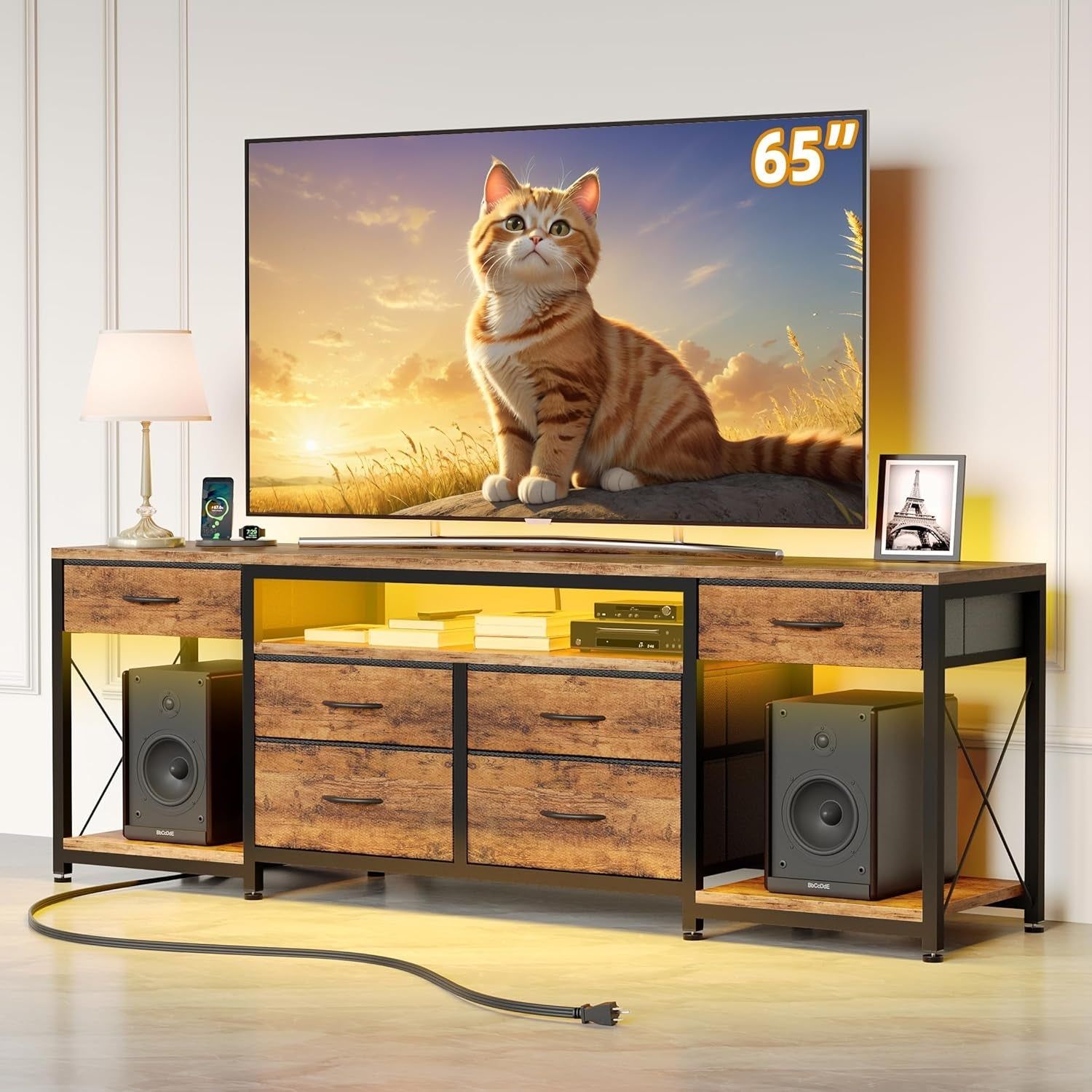 LED TV Stand with 6 Fabric Drawers and Power Outlet for 55 60 65 Inch Tvs, Entertainment Center with Open Storage Shelves, Dresser TV Stand for Bedroom/Living Room,Rustic Brown