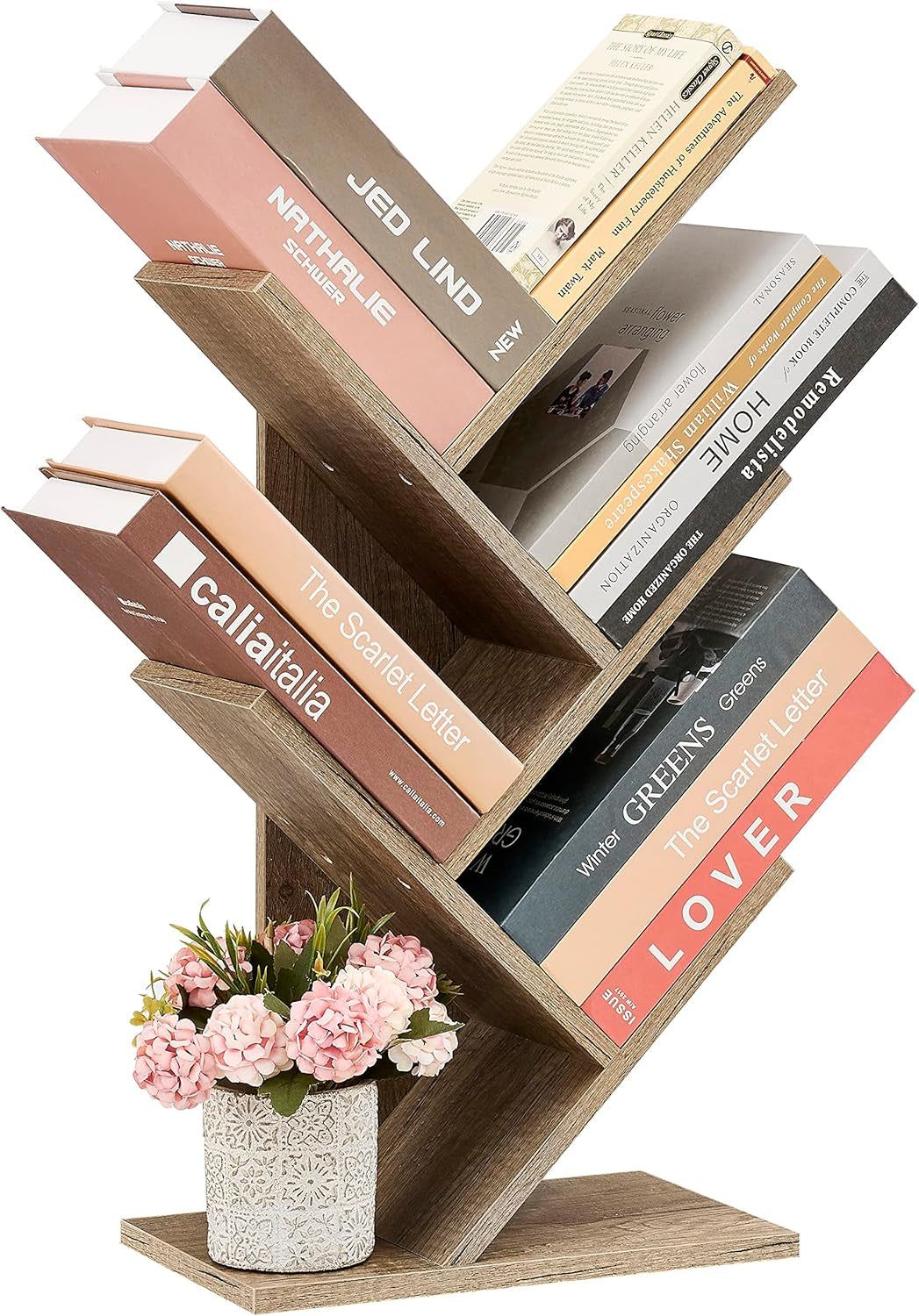 4 Tier Tree Bookshelf, 4 Shelf Bookcase, Modern Book Storage, Free Standing Tree Bookcase, Utility Organizer Shelves for Home Office, Living Room, Bedroom, Greige