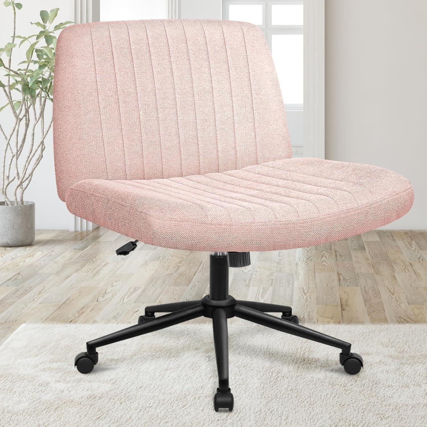 Criss Cross Chair with Wheels, Armless Cross Legged Office Desk Chair, Wide Comfy Vanity Rolling Swivel Modern Comfortable Fabric Computer Task Chairs for Home Office (Pink)