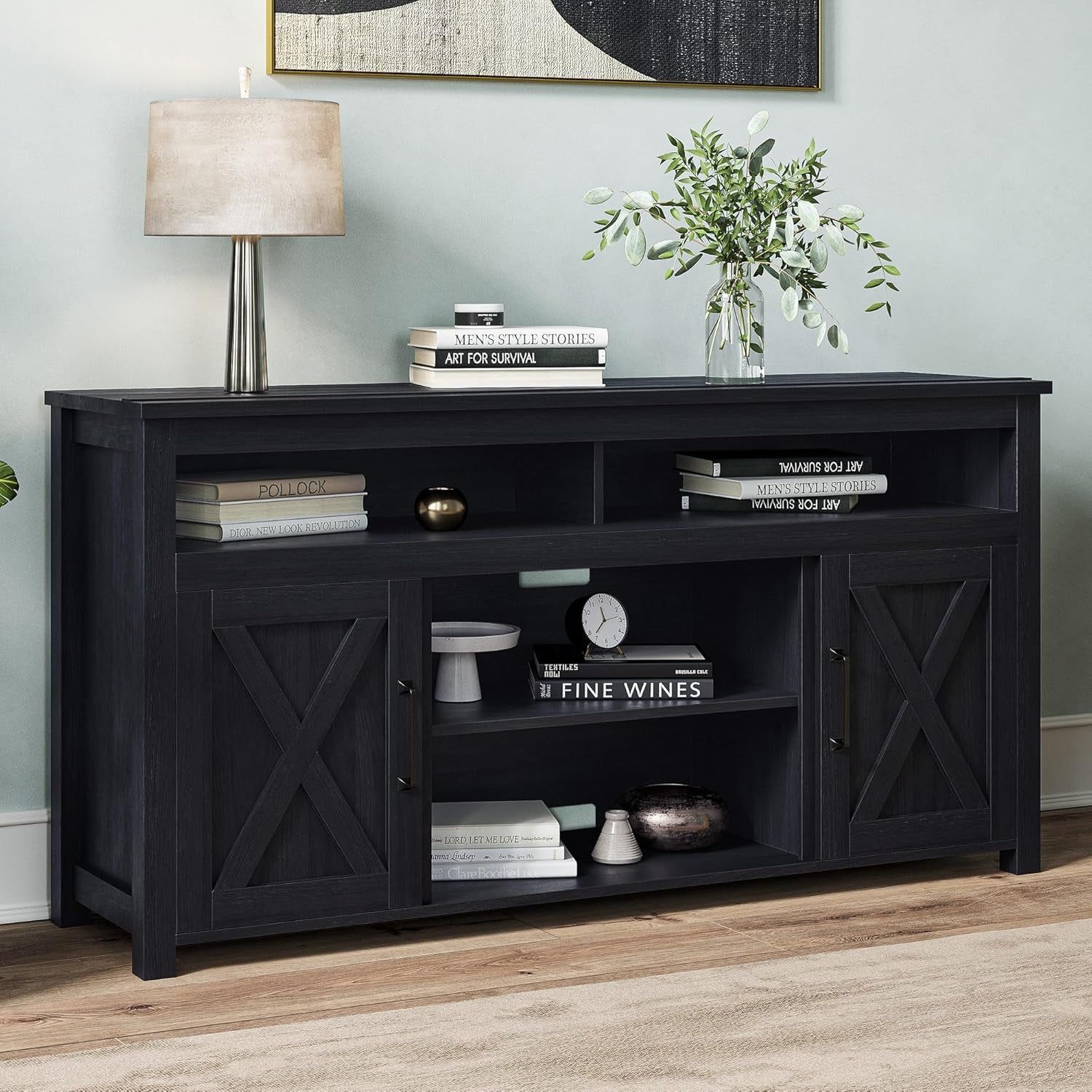 58 Inch TV Stand, Contemporary Entertainment Center for Tvs up to 65&quot;, Wood Media Console Table with Two Open Shelves and Barn Door Cabinets - Corin (Rustic Grey)