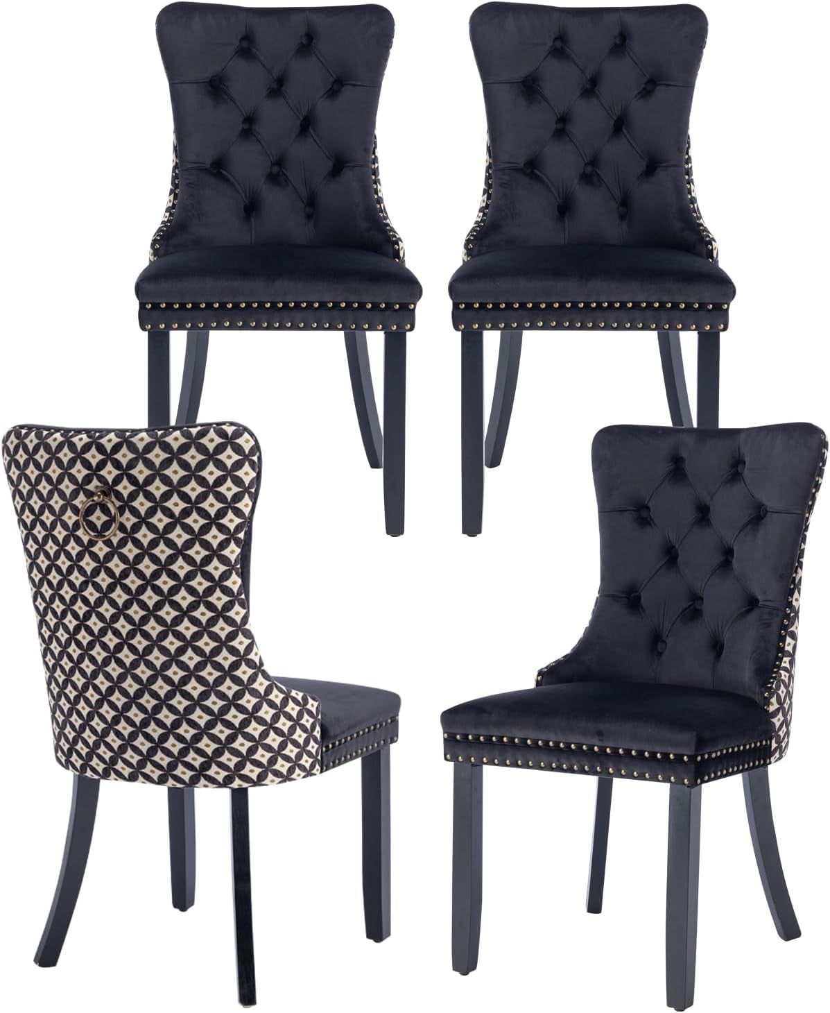 Velvet Dining Chairs Set of 4, High-End Tufted Upholstered Dining Chair with Back Ring Pull, Nailhead Trim and Solid Wood Legs, Modern Dining Room Chairs for Dining Room, Black &amp;Patterned