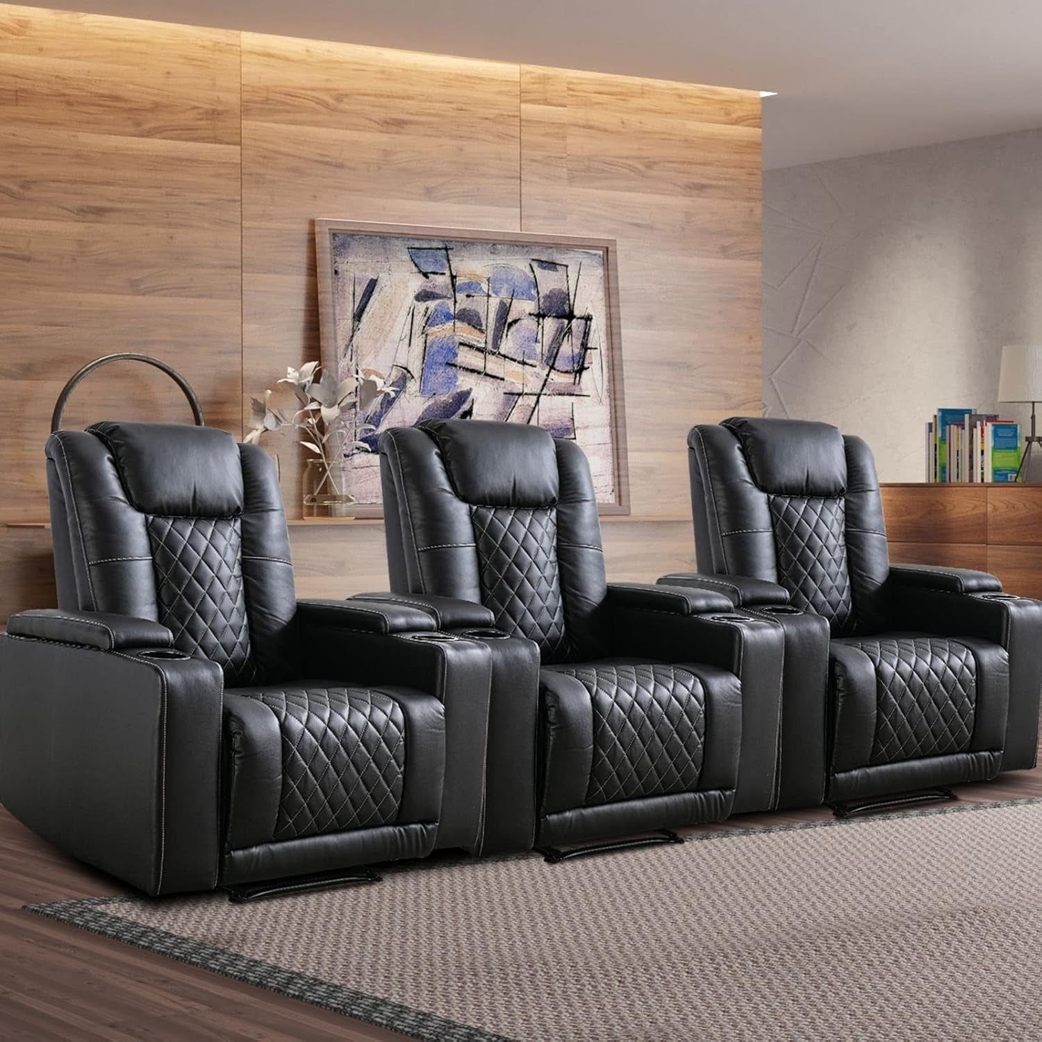 Power Recliner Chair Set of 3, PU Leather Electric Home Theater Seating with USB Ports and Cup Holders, Black Overstuffed Reclining Furniture with Hidden Arm Storage