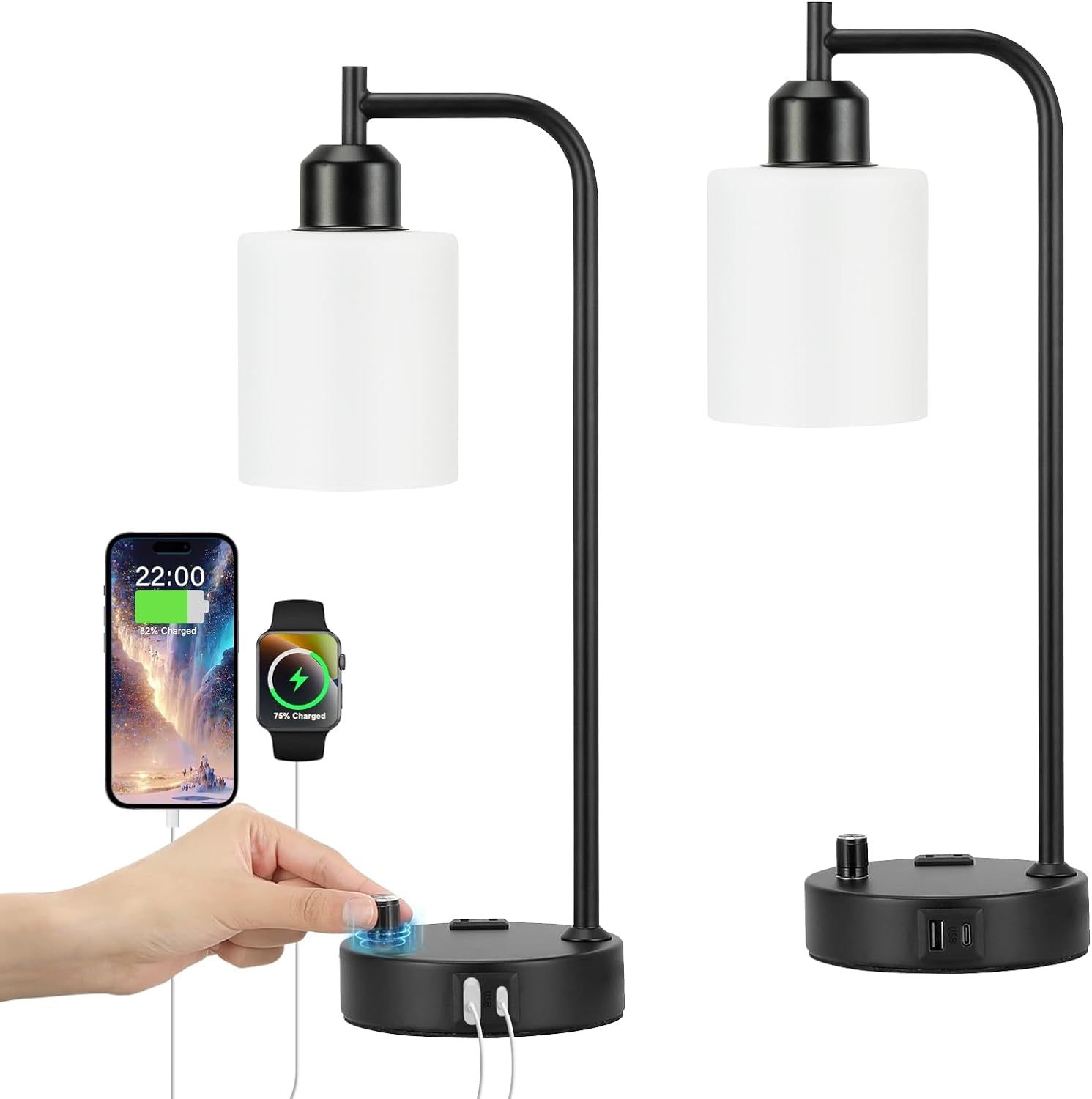 Industrial Bedroom Lamps for Nightstand Set of 2 - Fully Dimmable Bedside Lamps with USB a C Ports and Outlet, Black Table Lamps with Opal Glass Shade for Living Room, Desk Lamps for Office Reading