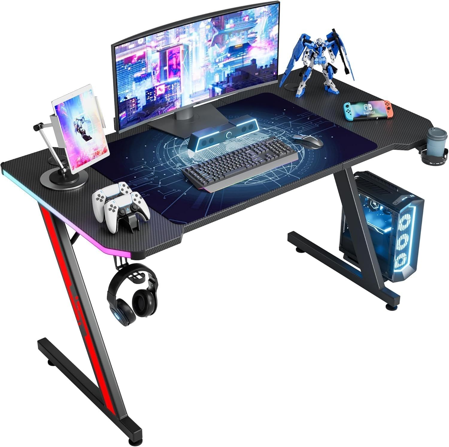 Gaming Computer Desk with Carbon Fiber Surface, Gaming Table Z Shaped Pc Home Office with Cup Holder&amp;Headphone Hook(55 In, Black, Led Light)