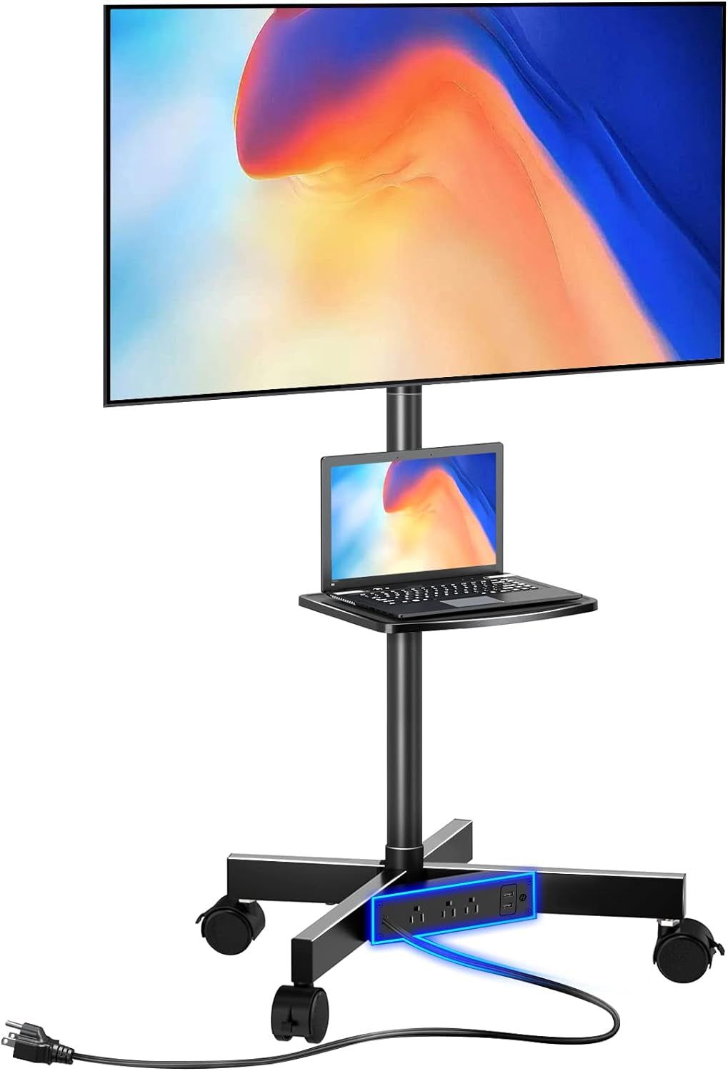TV Stand with Power Outlet, Mobile TV Cart on Wheels for 23-60 Inch LED LCD Flat Curved Panel Screen Tvs, up to 88 Lbs, Height Adjustable Rolling TV Stand with AV Shelf, Max VESA 400X400Mm
