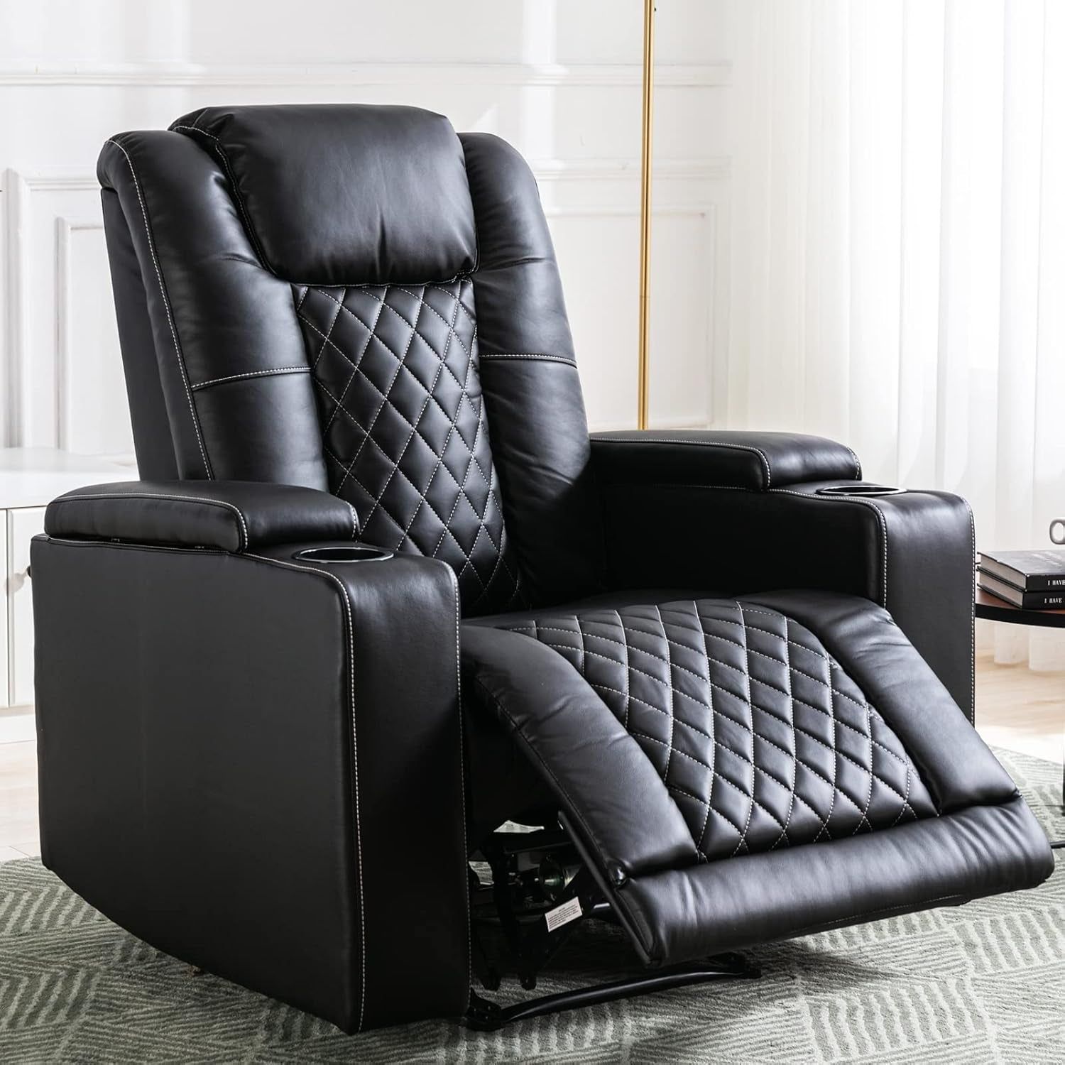 Electric Power Recliner Chair Soft Leather Reclining with USB Ports and Cup Holders, Black Home Theater Seating with Hidden Arm Storage Movie &amp; Media Room Chairs
