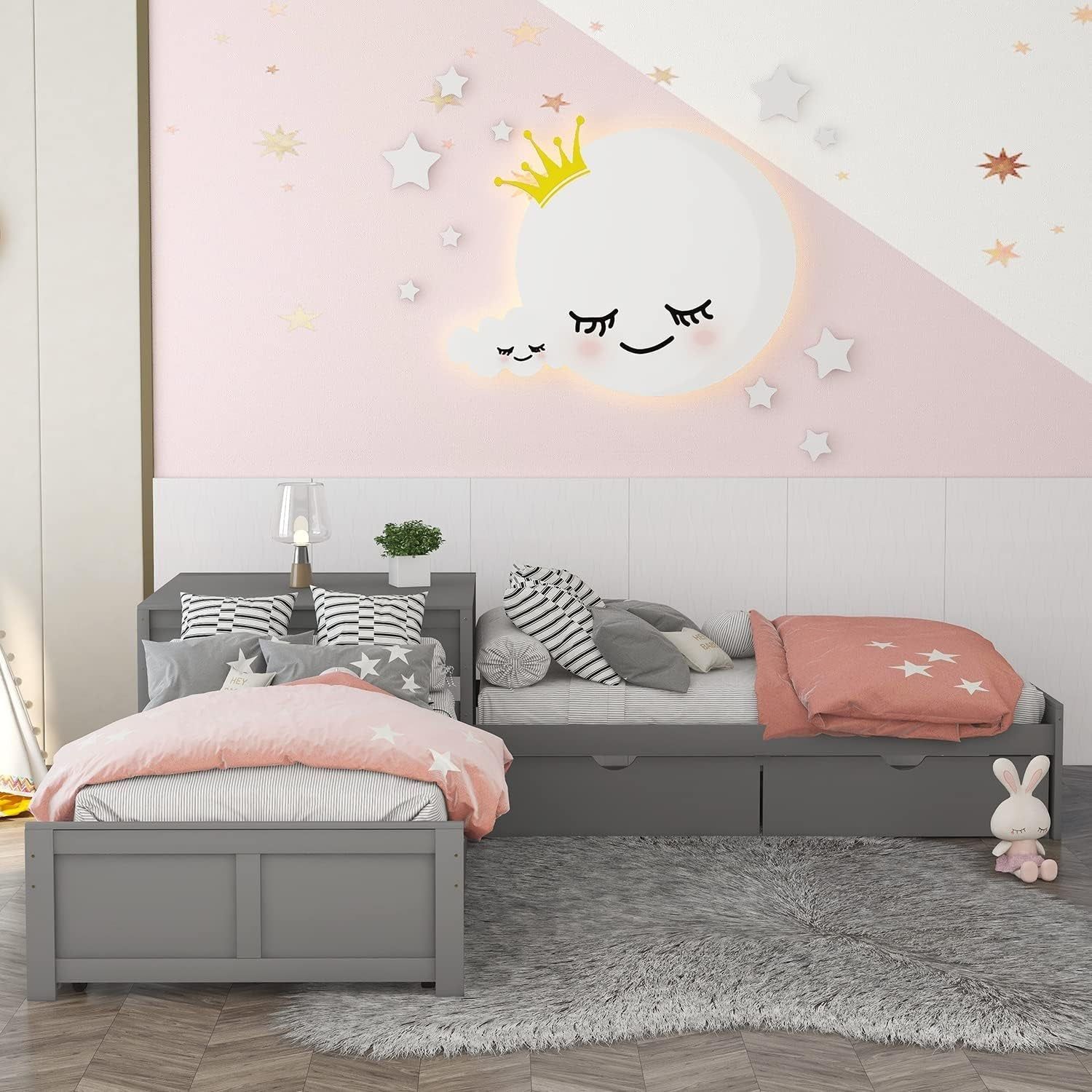 L-Shaped Twin Platform Bed with Trundle, Gray
