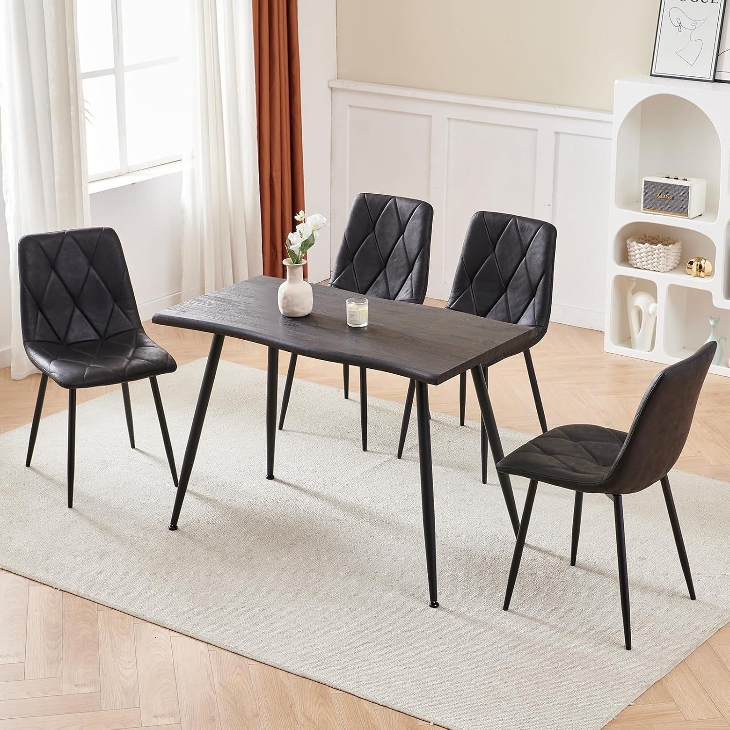 4 Set of Dining Chairs, Metal Frame Dining Chair for Kitchen Room,Technology Cloth Seat Chair for Living Room, Bedroom(Black)