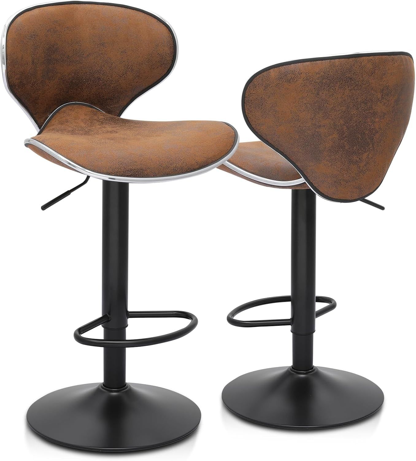 Bar Stools Set of 2 Adjustable Counter Height PU Leather Modern Swivel Barstools W/Back and Footrest Kitchen Counter Chairs, Coffee Color