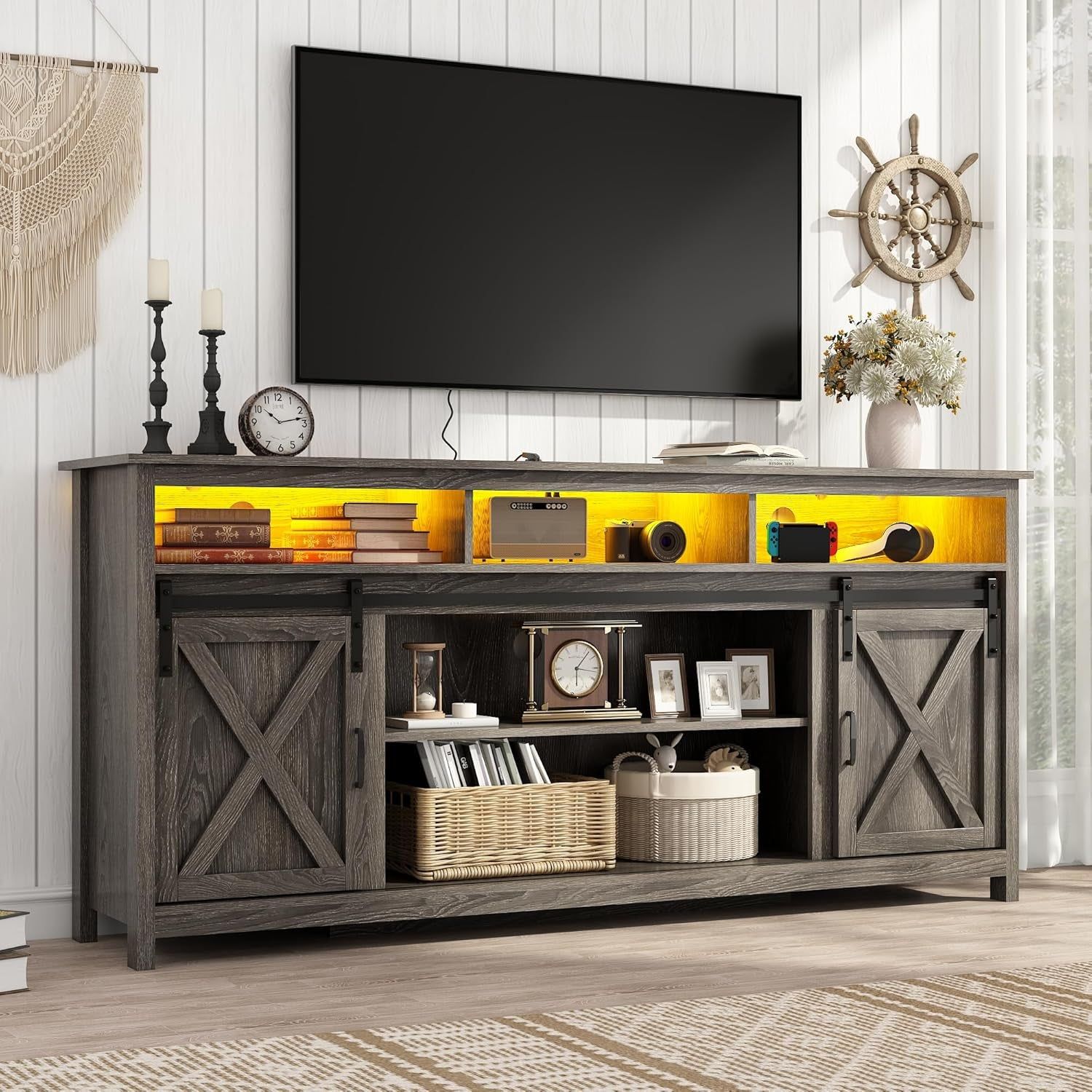 70In Wooden Farmhouse Entertainment Center for 80/75 Inch Tv,Double Layer Storage Farmhouse TV Stand,Double-Row Sockets with Wood Sliding Barn Door TV Stand(Double Layer Grey Wash)