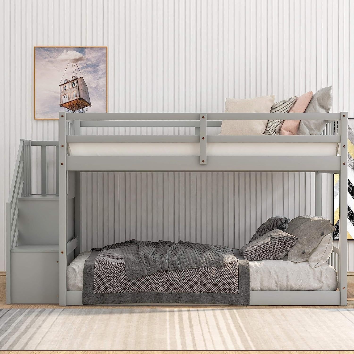 Twin over Twin Junior&#39;S Low Bunk Bed, Storage Stairs, Wood, Grey