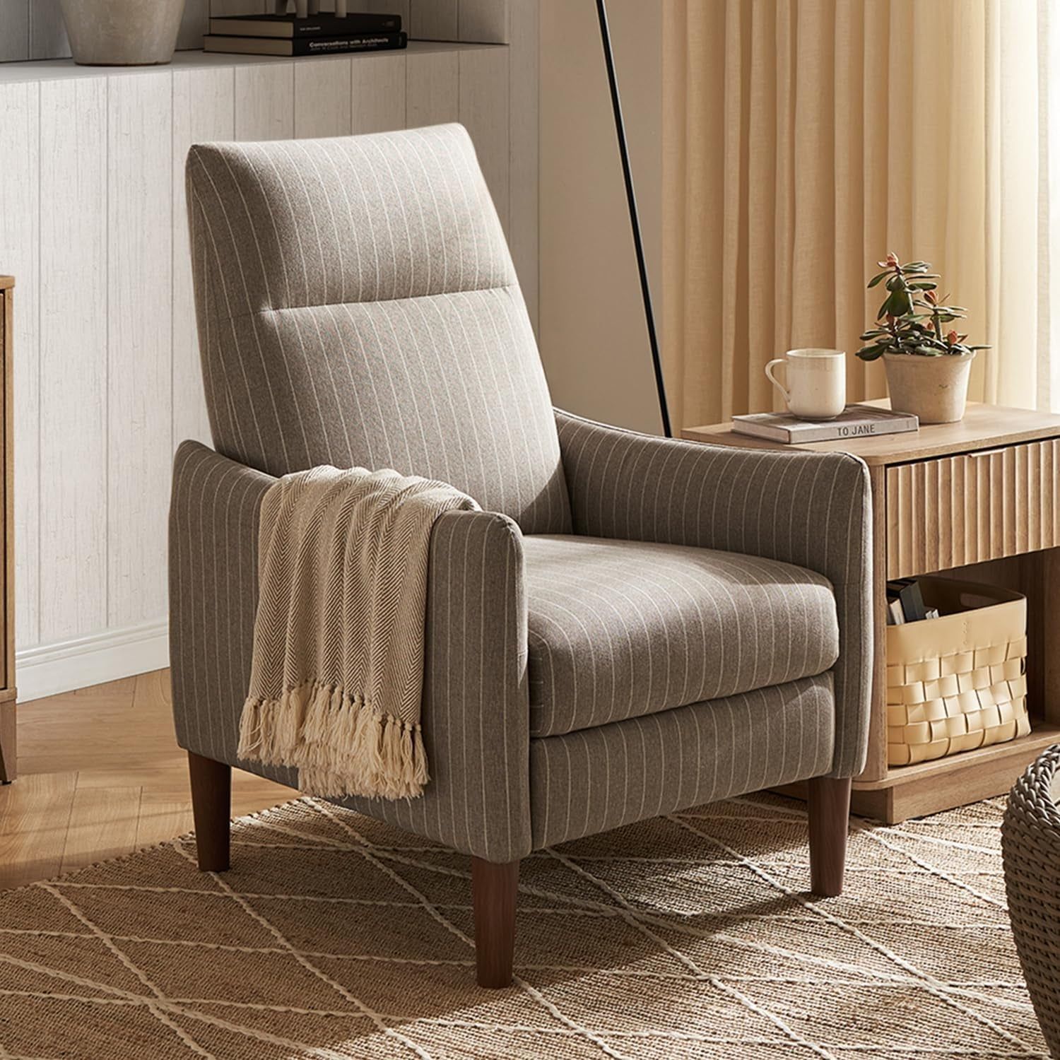 Arthur Recliner Chair with 3 Positions, Accent Chair, Mid Century Modern Reading Chair, High Back Padded Support Comfy Sleeper Armchair (Jacquard Taupe Stripe)