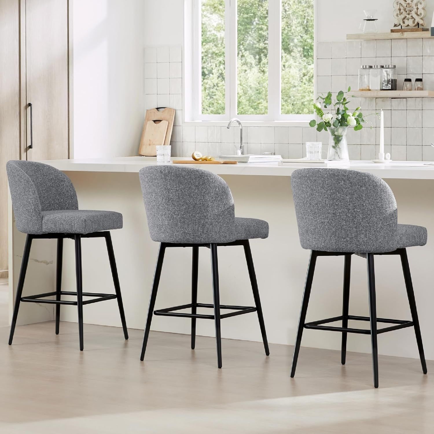 Counter Height Bar Stools Set of 3, 360° Swivel Upholstered Barstools with Backs and Metal Legs, 26&quot; H Seat Height, Fabric in Grey (Multi-Colored)