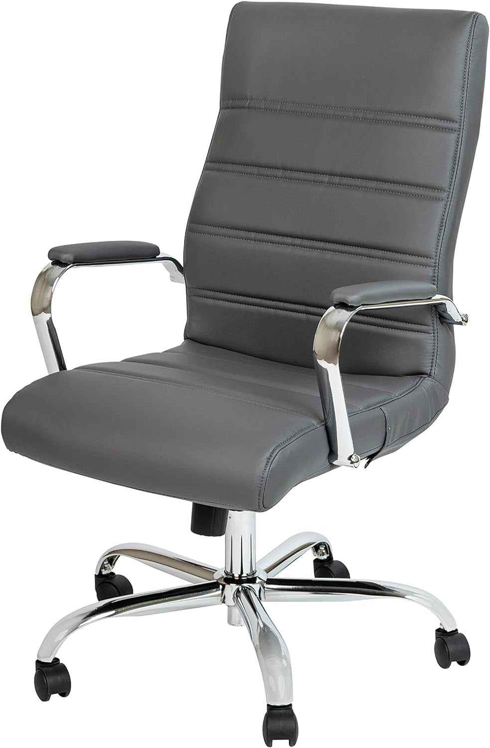Whitney High-Back Swivel Leathersoft Desk Chair with Padded Seat and Armrests, Adjustable Height Padded Office Chair, Gray/Chrome