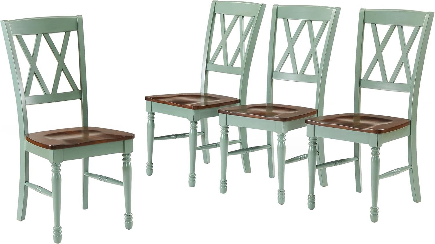 Shelby Traditional Wood X-Back Dining Room Chairs Set of 4, Kitchen Chair, Distressed Teal