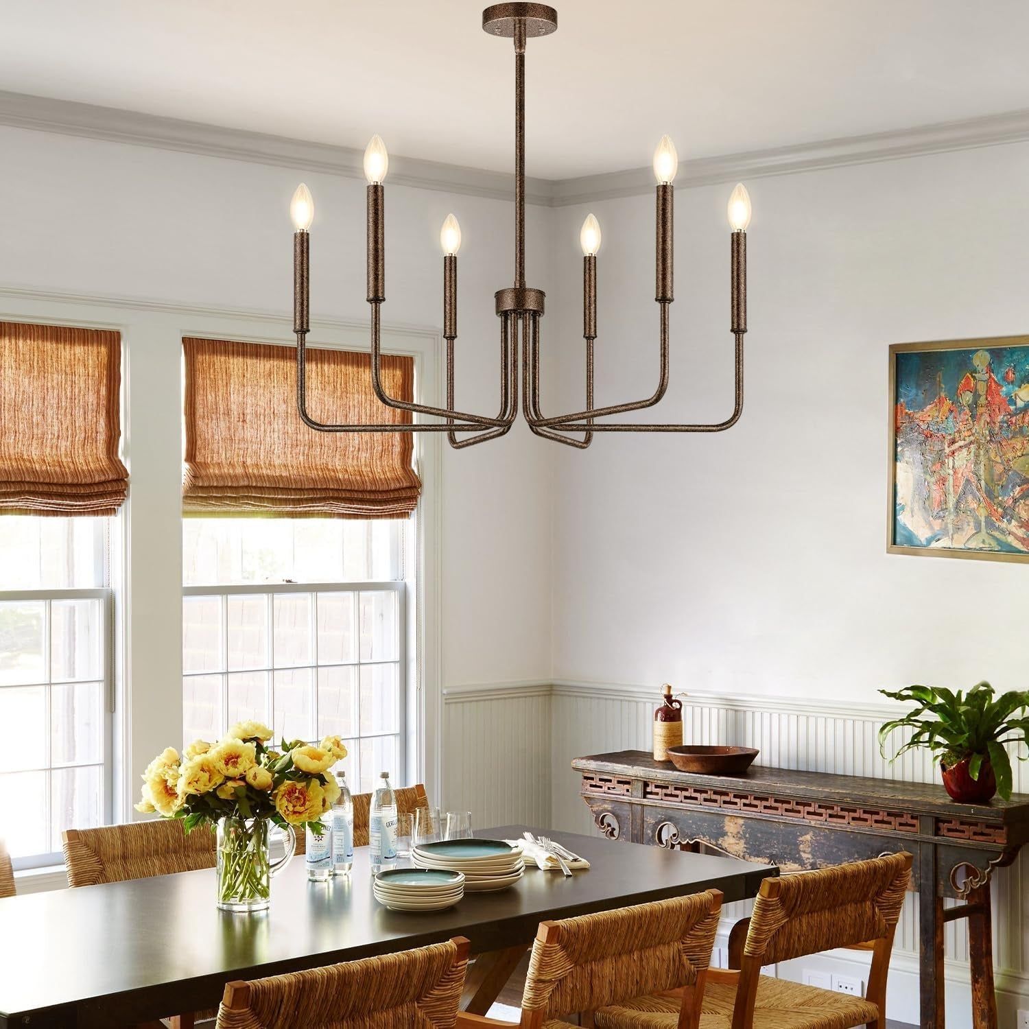 Rustic Black Chandelier, 6-Light Antique Farmhouse Chandelier for Dining Room Lighting Fixtures, Vintage Candle Pendant Light Fixtures Chandeliers for Dining Room Bedroom, Foyer and Living Room