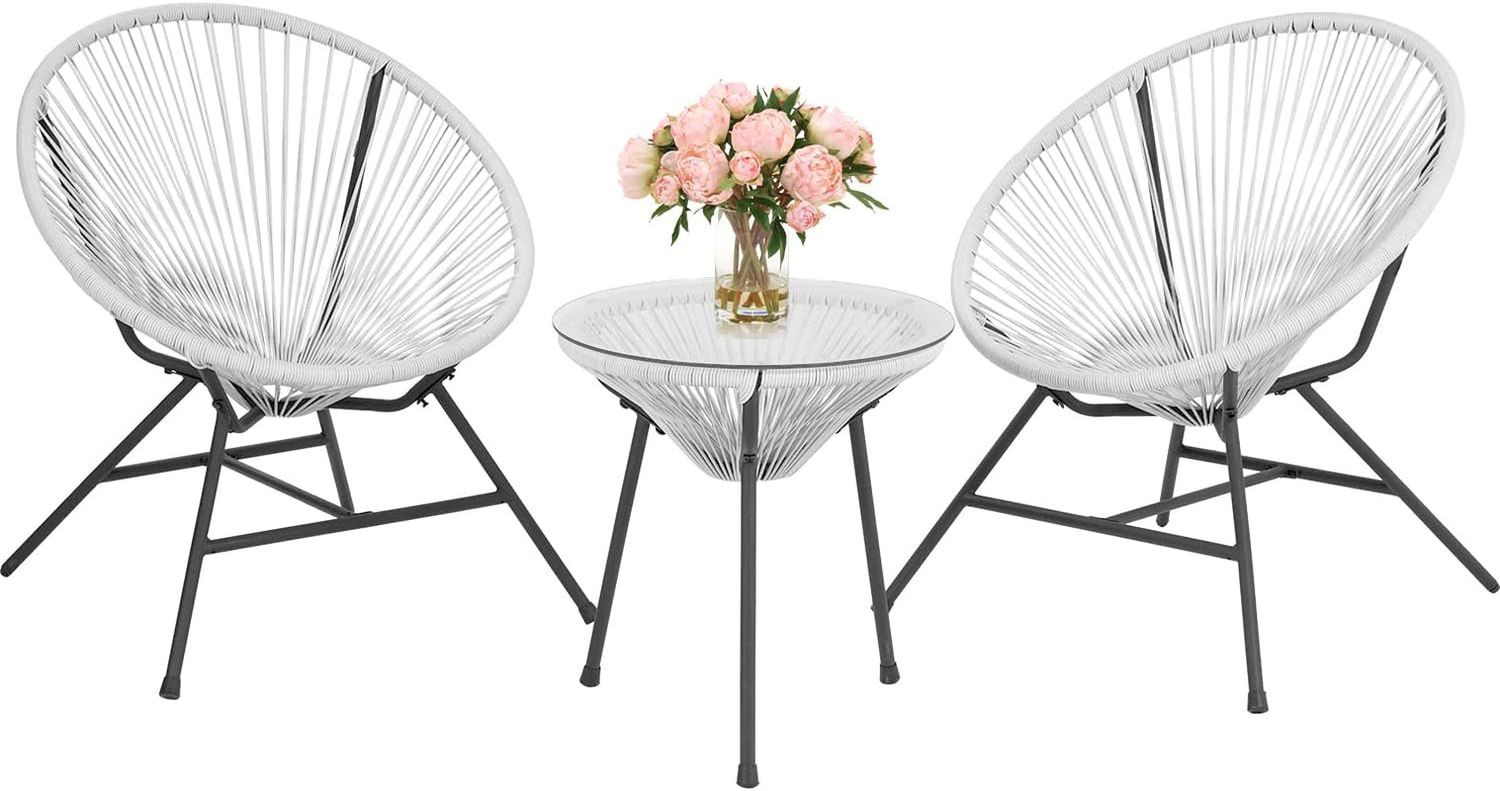 Acapulco Patio Bistro Set 3-Piece Outdoor Furniture Set All-Weather Woven Rope Patio Conversation Set with Glass Top Table and 2 Chairs (White)