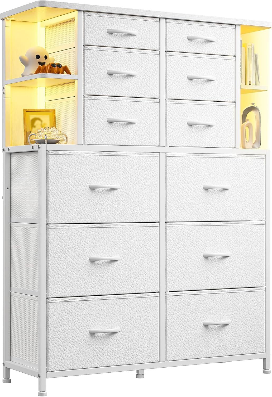 Dresser for Bedroom with LED Lights, 12 Drawers Bedroom Dresser, Black Dresser and Tall Dresser with Open Shelves, Fabric Dressers &amp; Chests of Drawers with Sturdy Metal Frame, White