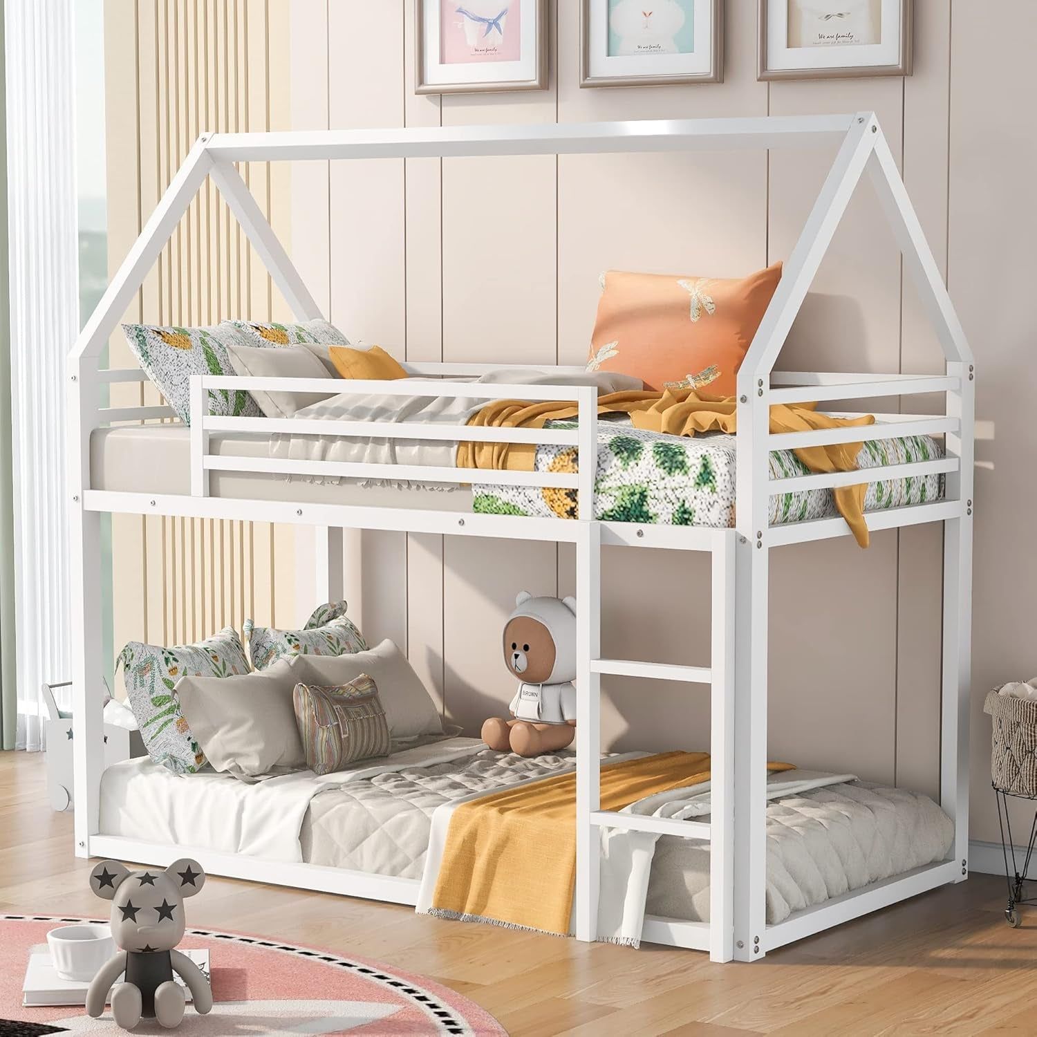 Bunk Bed Twin over Twin Metal Floor Bunk Bed with Ladder, House Shaped Bunk Bed Frame with Metal Slats for Dormitory and Bedroom, Space Saving, No Box Spring Needed