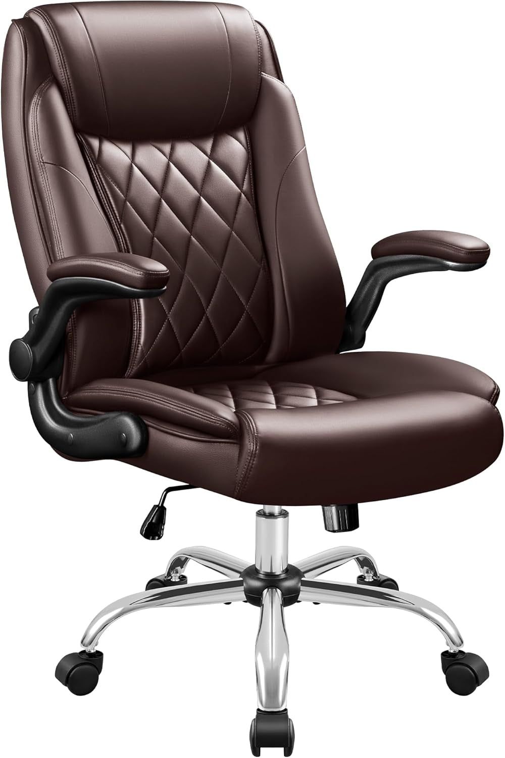 Executive Office Chair, Ergonomic High Back with Adjustable Flip-Up Armrest, Swivel Leather-Papped Seats with Lumbar Support, Brown