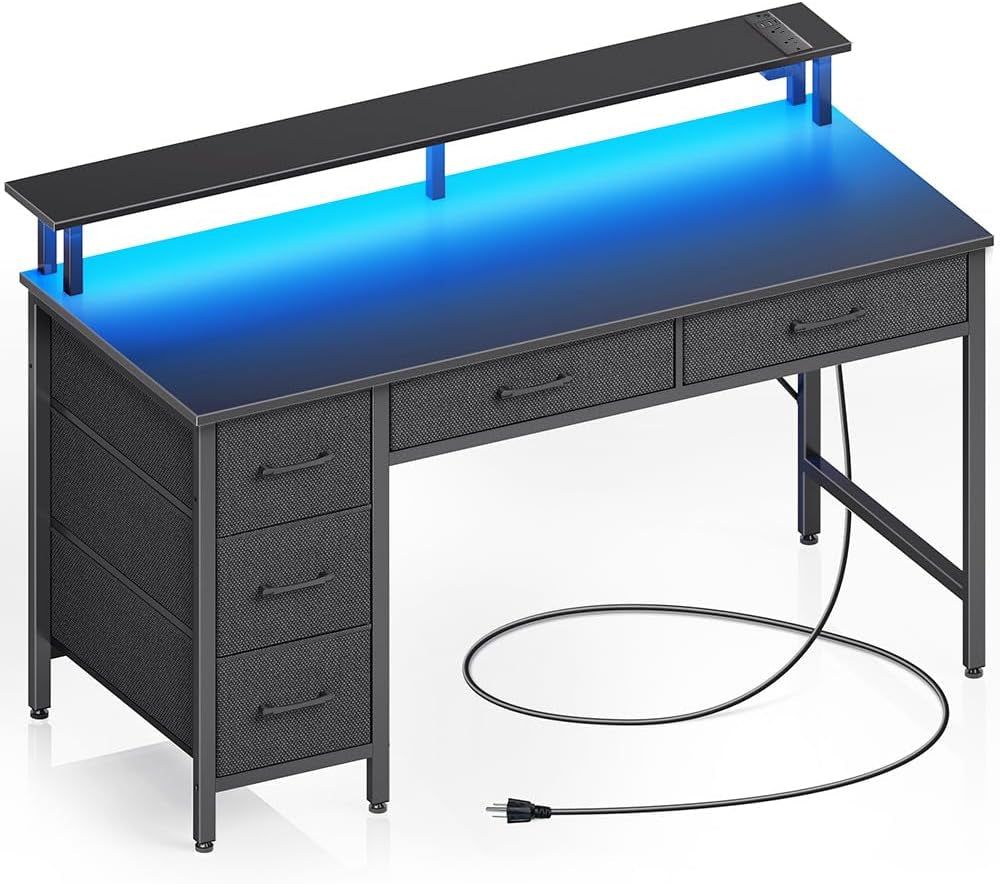 Computer Desk with Power Outlets &amp; LED Light, 39 Inch Home Office Desk with 5 Drawers, Writing Desk with Monitor Stand,Work Desk for Home Office, Black