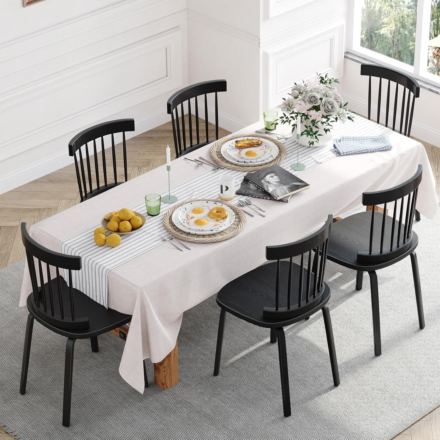 Windsor Dining Chairs Set of 6, Wood Farmhouse Spindle Back, Widen Seat, Mid-Century Modern French Country Style, for Living Room Restaurant, Black