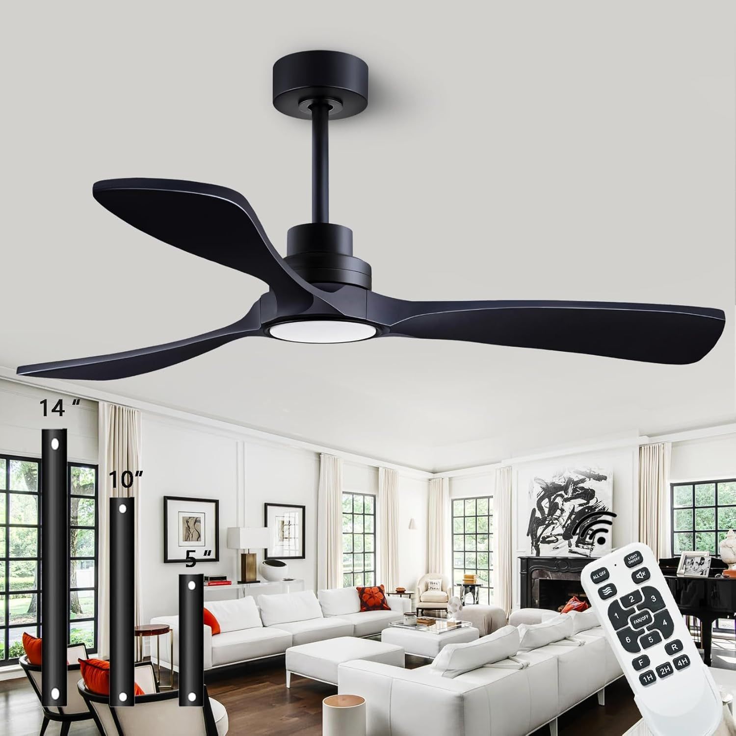 52&quot; Wood Ceiling Fan with Lights with Remote Control Ceiling Fan, 3 Wood Blades, Solid Wood Ceiling Fan Indoor Outdoor for Dining Room, Living Room, Farmhouse, Etc. (Black)…