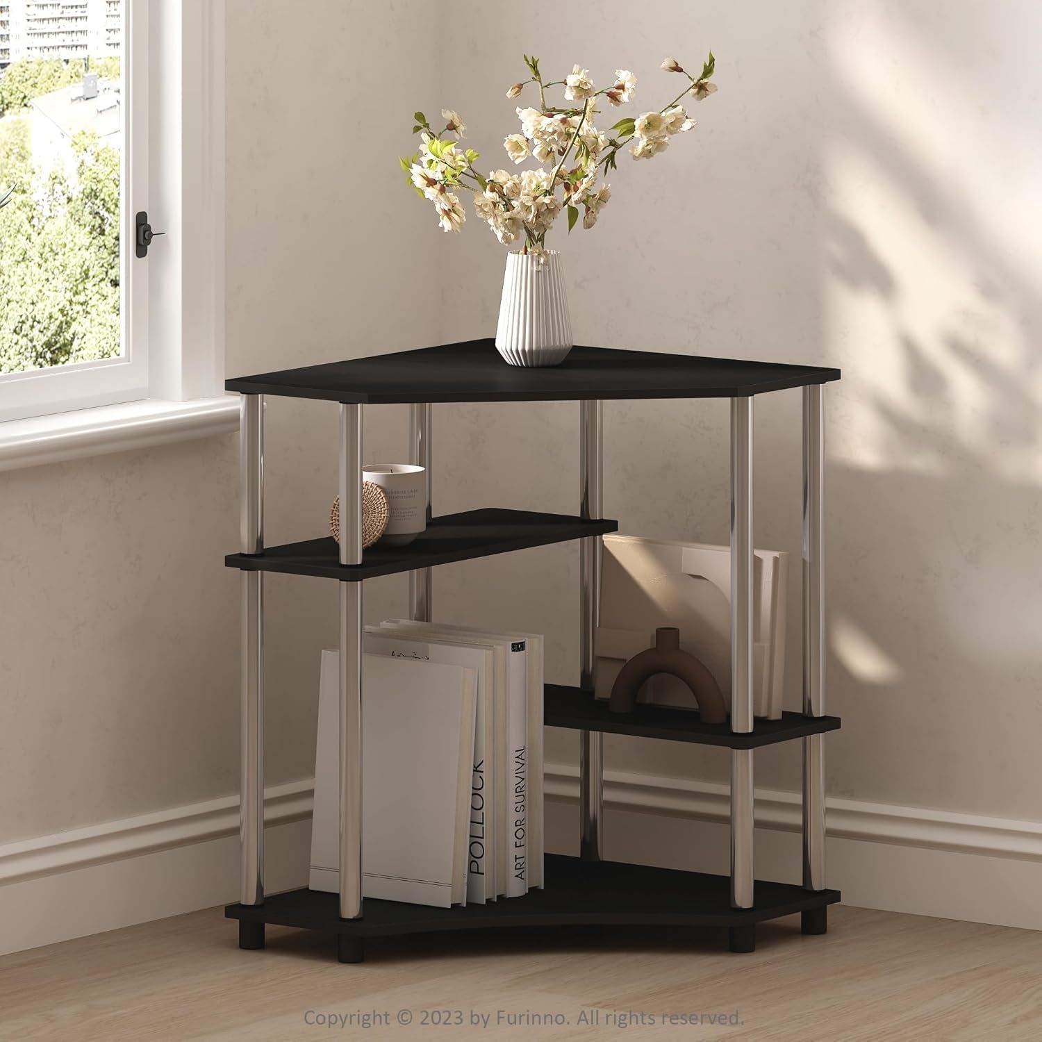 Turn-N-Tube Multipurpose Corner Shelf, Display Rack, Bookshelf, Americano, Stainless Steel Tubes