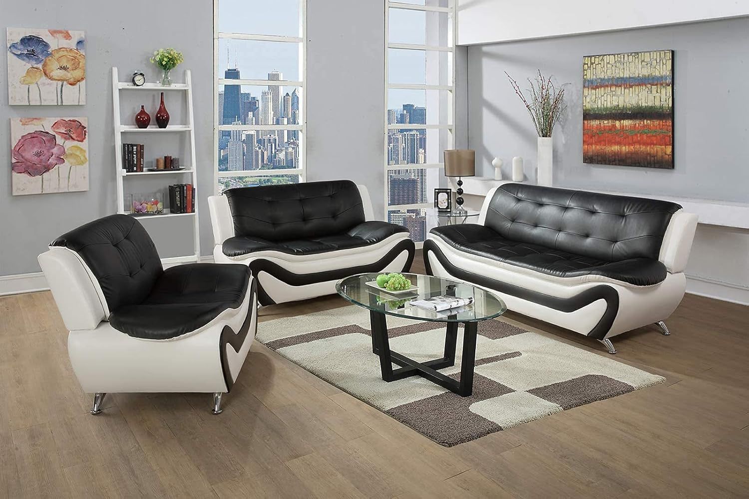 3 PCS Faux Leather Aldo Modern Sofa Set, Living Room Set with Sofa, Loveseat and Chair (Black &amp; White)