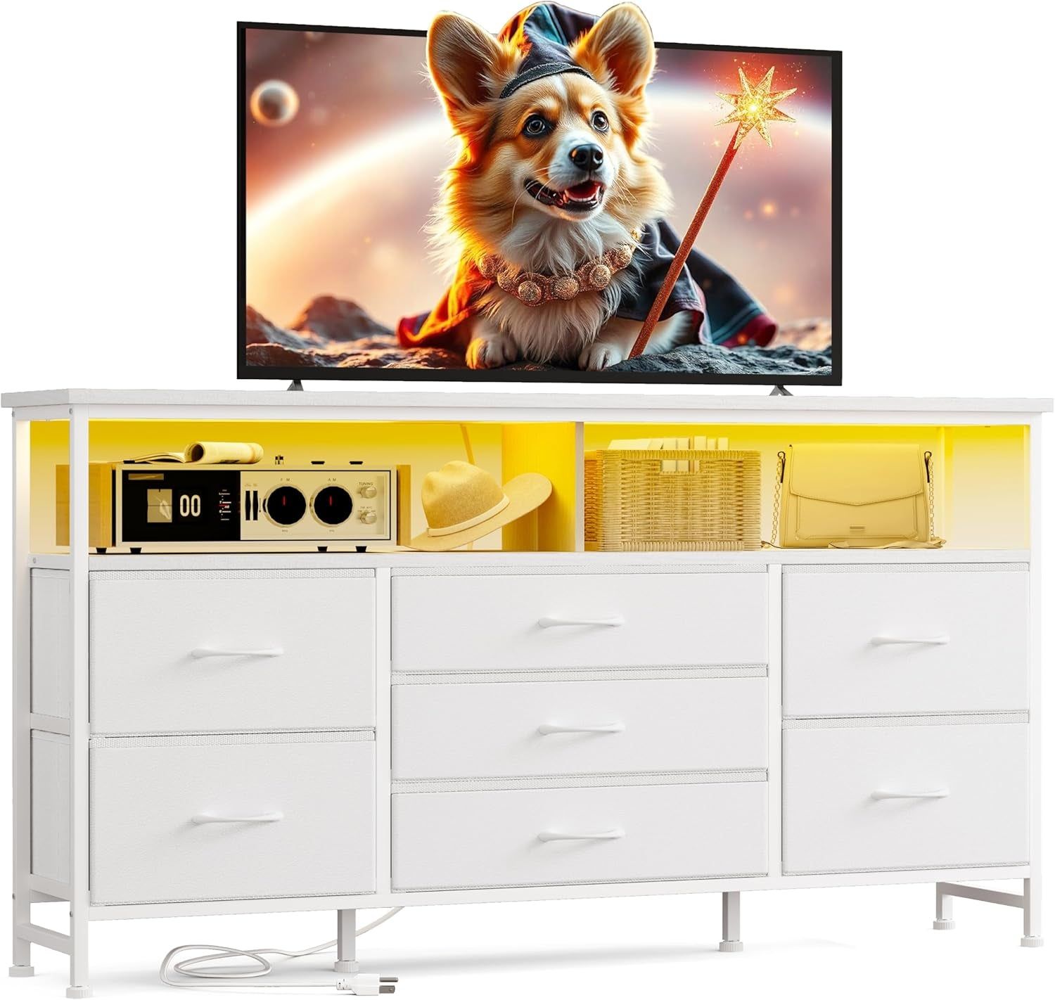 55 Inch Dresser TV Stand with Power Outlets and LED Lights, White Long Dresser for Bedroom with 7 Fabric Drawers, Large Dresser TV Stand for up to 65 Inch TV, Chest of Drawers for Bedroom White