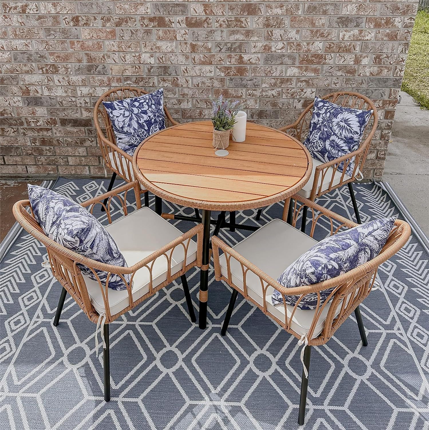 5 Pieces Outdoor Patio Dining Table Chair Set,Wicker Patio Dining Set,Outdoor Rattan Dining Table Set for Patio, Backyard, Balcony, Garden (With Umbrella Hole), Beige