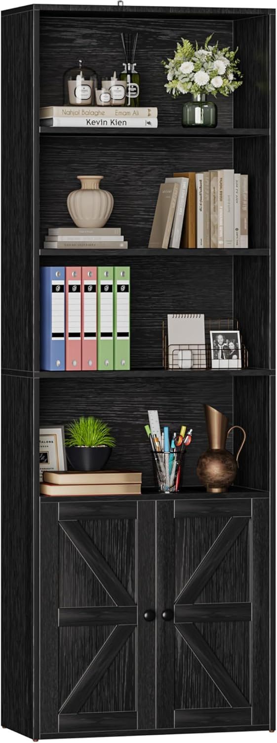 Industrial Bookshelf and Bookcases with Doors Modern Bookshelf Cabinet Tall Bookshelf Storage for Home Office, Bedroom (Black)