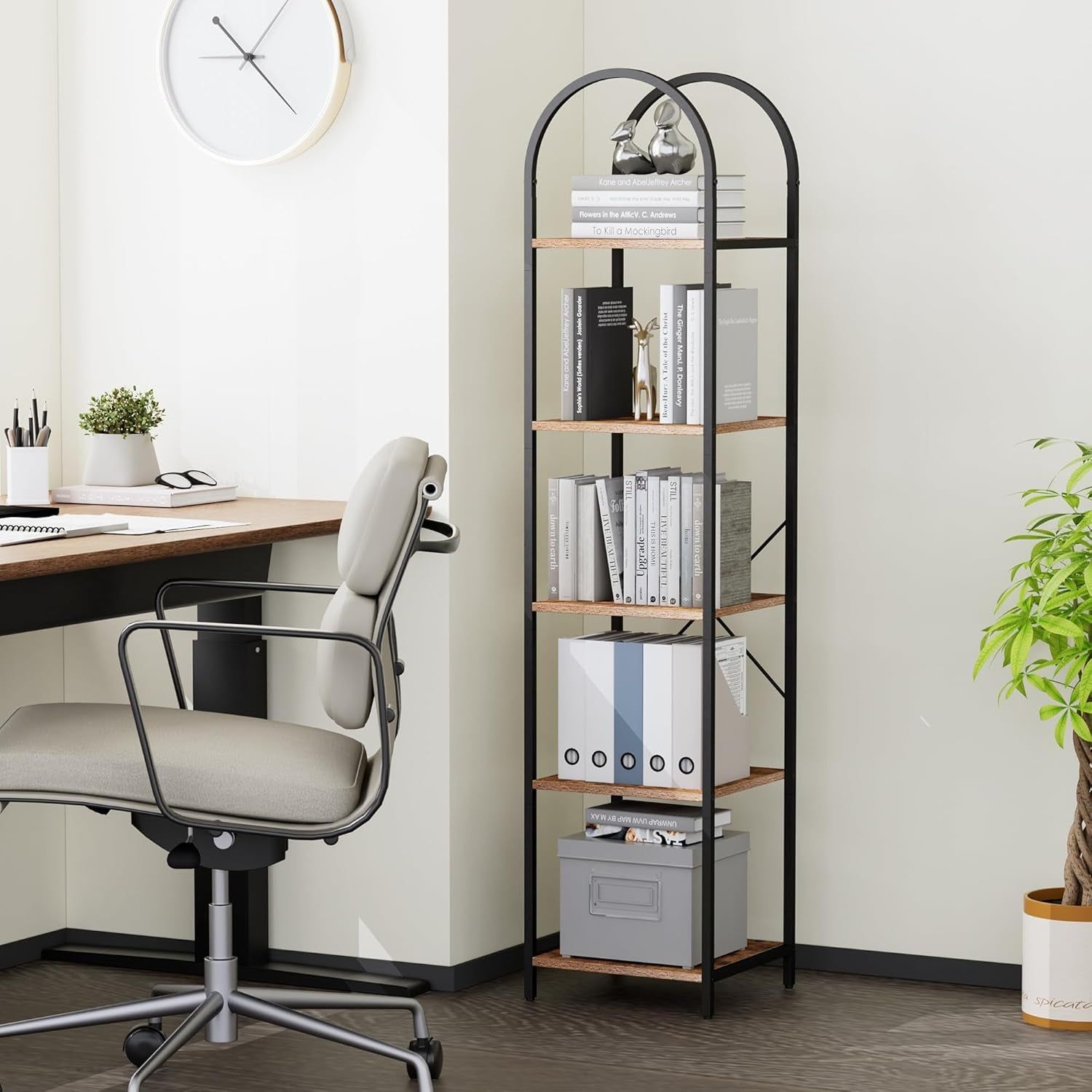 5-Tier Narrow Bookshelf Arched Display Rack, Skinny Tall Bookcase, Freestanding Corner Storage Shelf, Industrial Style, Display Standing Shelf Unit, for Home Office,Living Room, Bedroom, Study